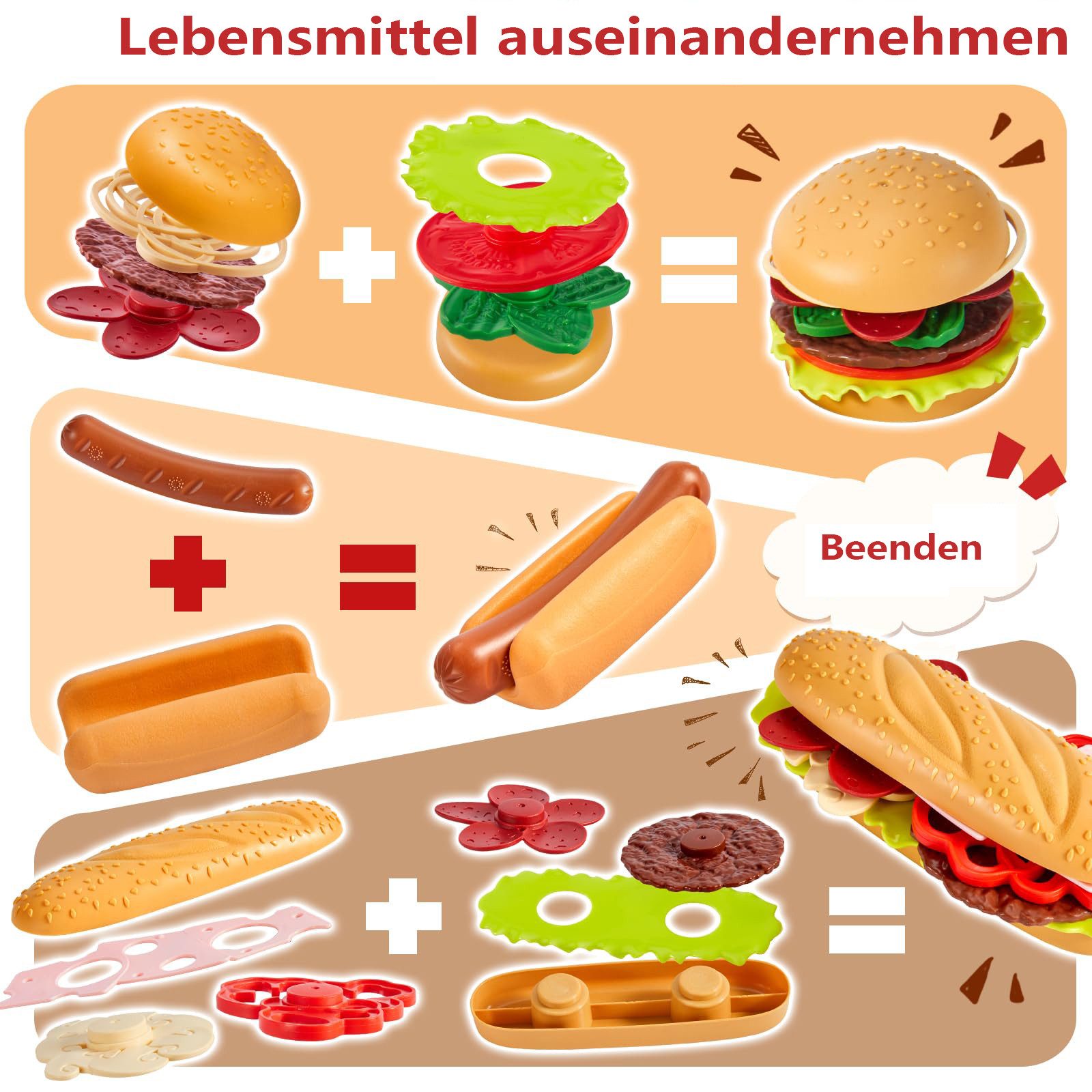 CLTYQ Spiellebensmittel Kinder Lebensmittel Kinderküche Zubehör Spielzeug 3 + Jahre, Hamburger Fast Food Spielzeug, Küchenspielzeug, Rollenspiele Geschenk