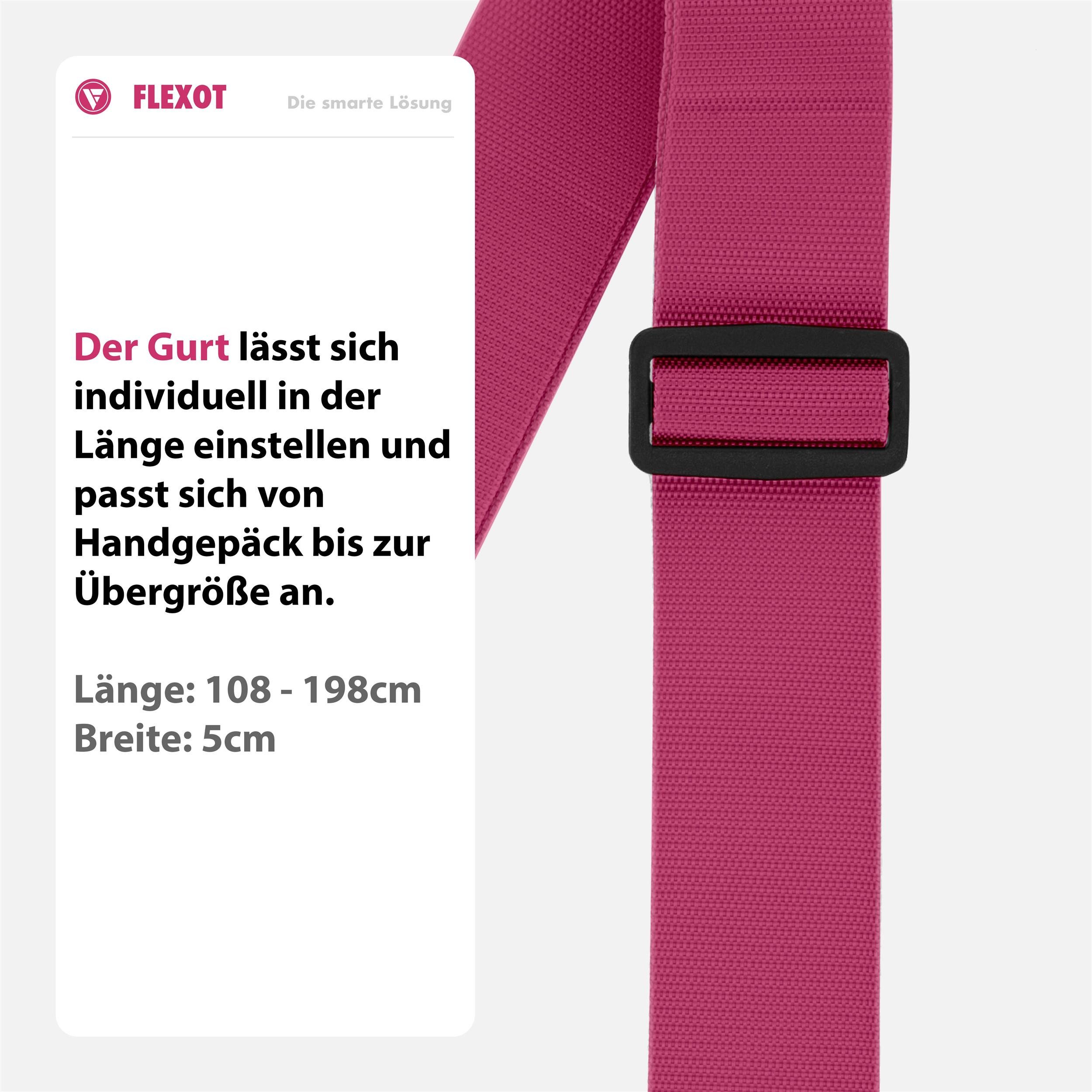 Flexot Koffergurt Koffergurt mit Clip-Schnalle, verstellbare Länge, Namensschild, Flexibel anpassbarer und stabiler Gurt mit praktischer Schnalle