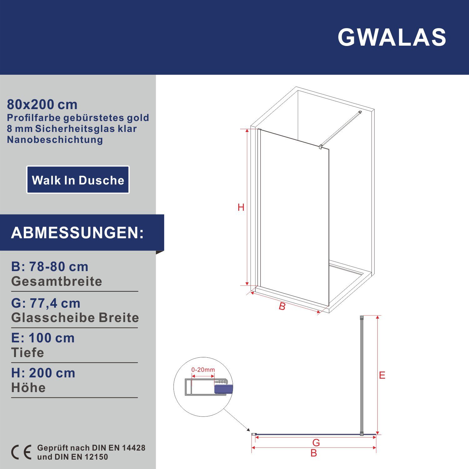 AQUABATOS Walk-in-Dusche Duschabtrennung Duschwände Duschtrennwand Gold günstig online kaufen