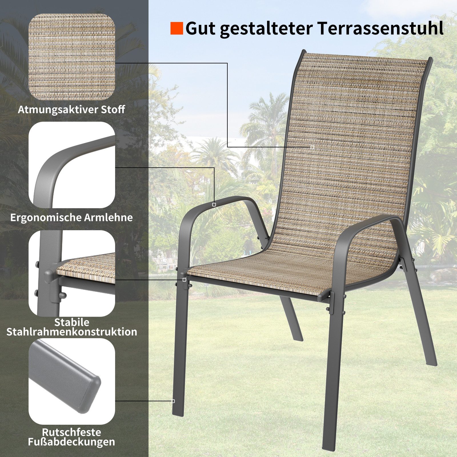 TLGREEN Stapelstuhl Gartenstühle Stapelstuhl,Camping Stapelbar Hochlehner, (Terrassenstuhl Textilene Stahlgestell für Gärten Innenhöfe Balkone Restaurants, 4 St), 150 kg Belastbar