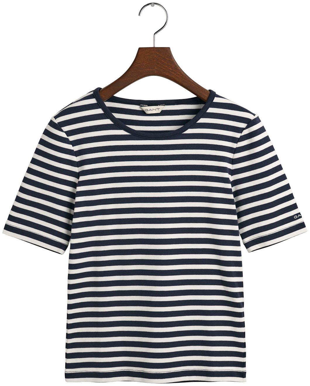 Gant T-Shirt SLIM STRIPED 1X1 RIBBED KA T-SHIRT mit dezentem Logoschriftzug am Ärmelabschluss Evening blue