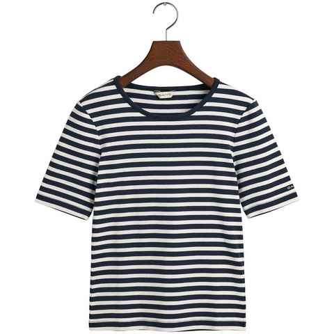 Gant T-Shirt SLIM STRIPED 1X1 RIBBED KA T-SHIRT mit dezentem Logoschriftzug am Ärmelabschluss