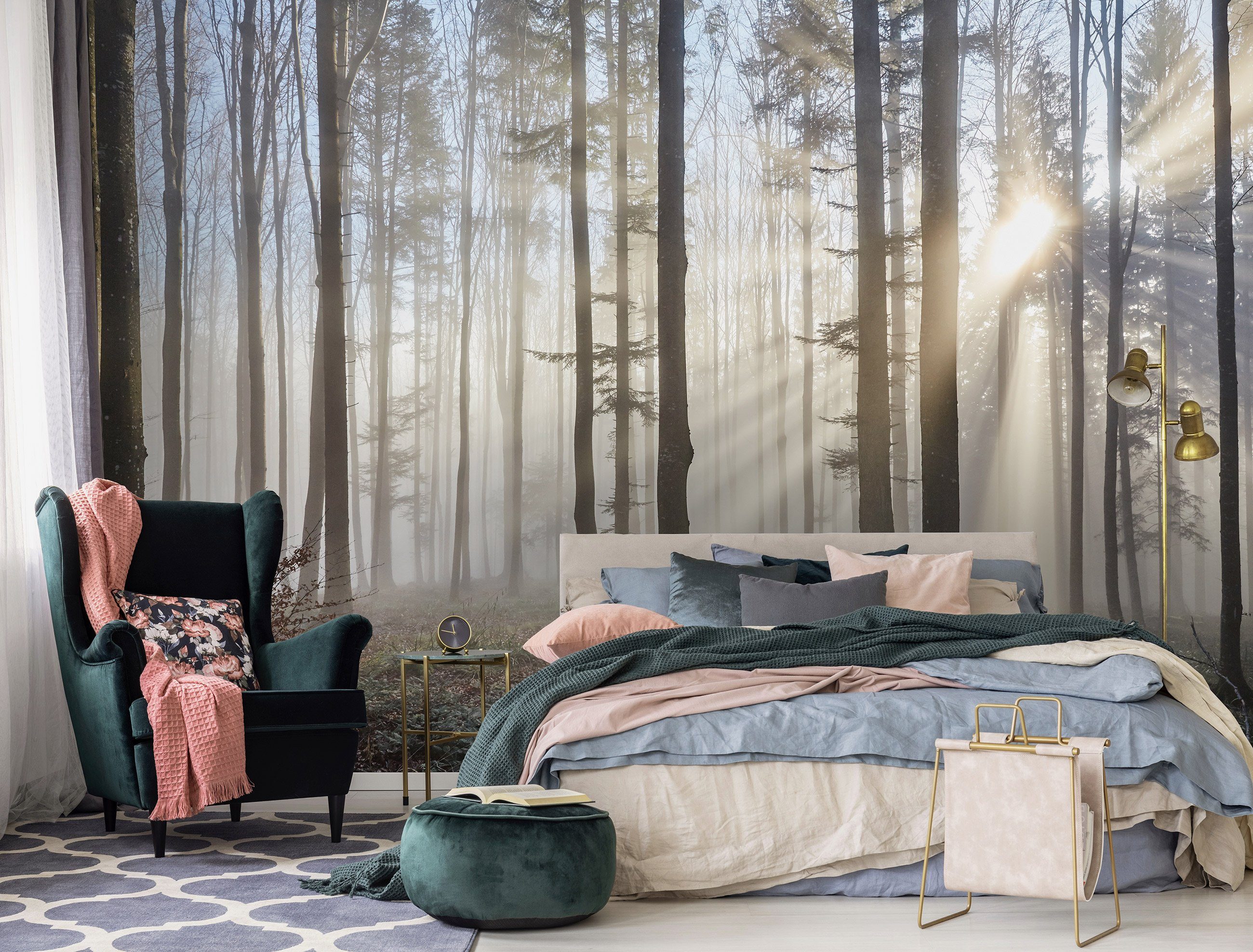 Wallarena Fototapete Wald im Nebel Natur Sonne Baum Wohnzimmer Schlafzimmer, Glatt, Wald, Tapete inklusive Kleister Vliestapete Motivtapete