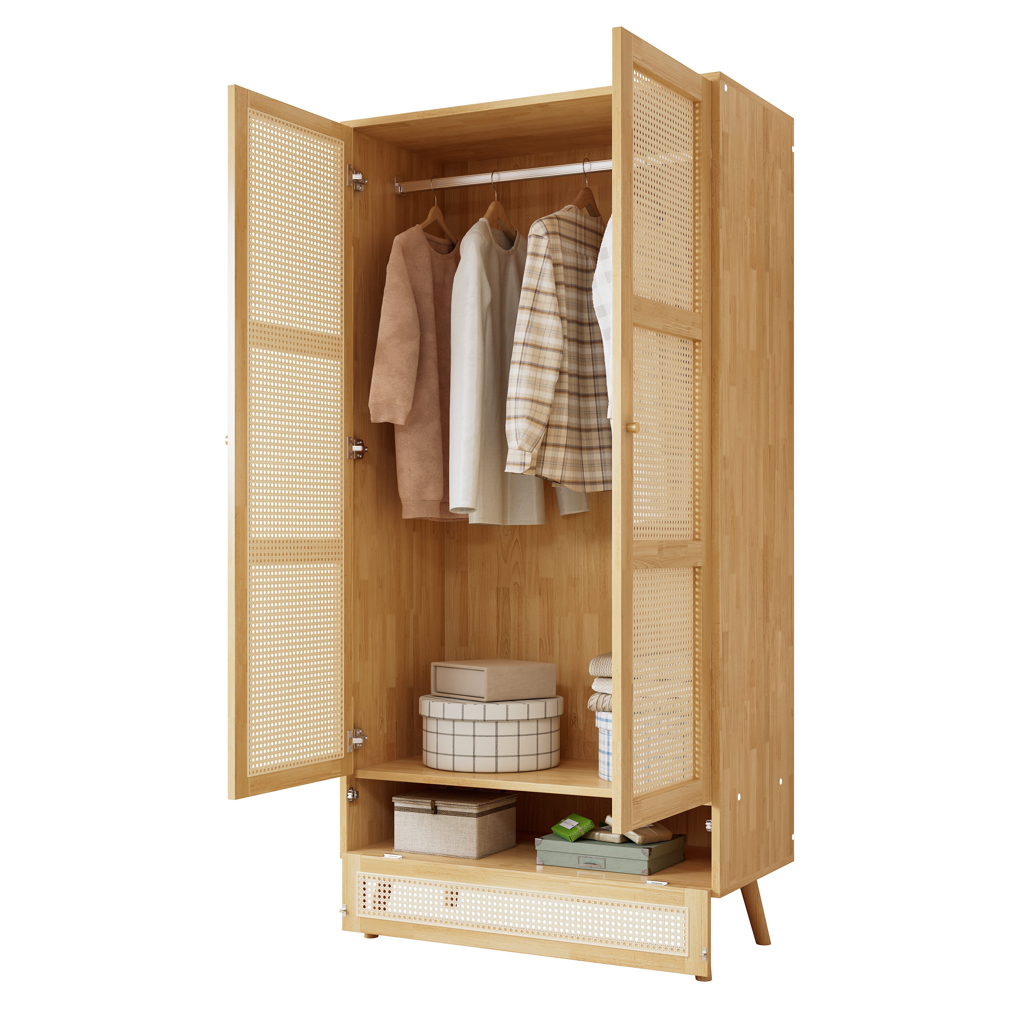 BlingBin Kleiderschrank Garderobenschrank Hängeschrank Drehtürenschrank mit Stange (Aufbewahrungsschrank mit 2 Türen und 1 Unterem Flip-Top-Deckel, Rattannetz, Rattan-Optik, 1-St., Gesamtgröße: 90x45x183cm, Tragfähigkeit: 50kg) Mehrzweckschrank für Schlafzimmer, Spanplatten+PE-Rattan, Natur