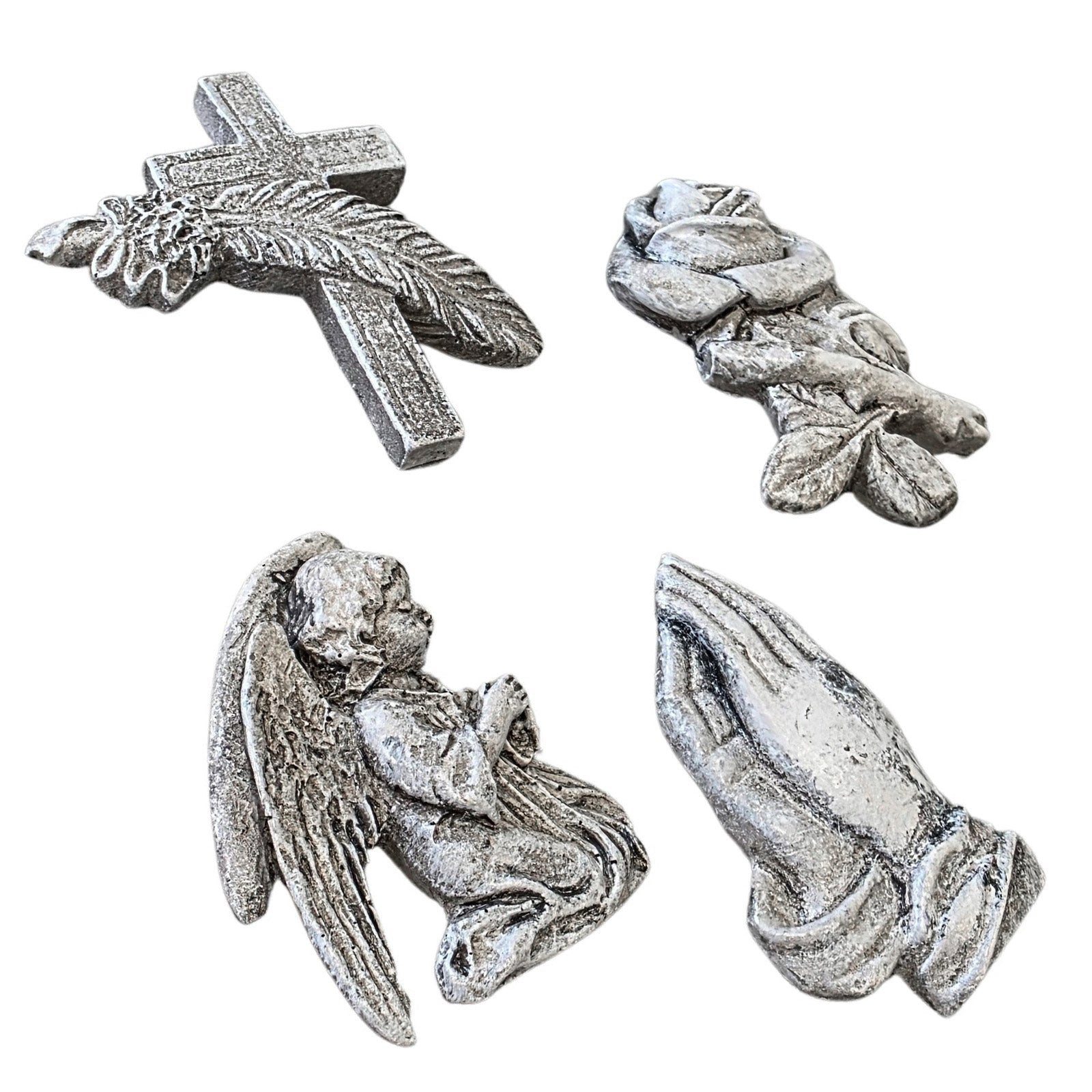 Logbuch-Verlag Dekofigur 4er Set kleine Grabdeko Symbole aus Polyresin Kreuz, Rose, Engel