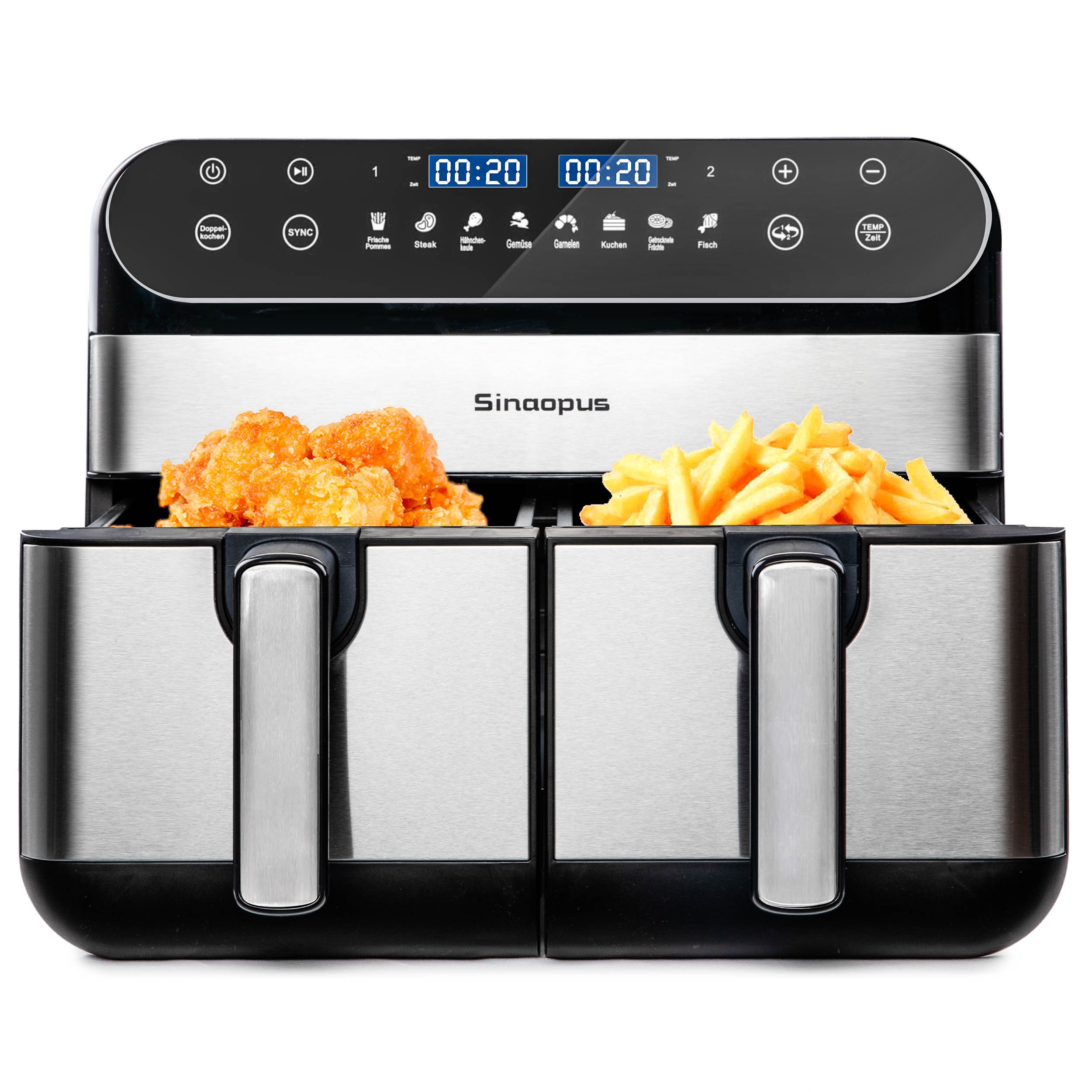 Sinaopus Heißluftfritteuse 10L Dual-Zone Airfryer – Familienessen & Snacks gleichzeitig knusprig garen, 2400 W, 2 Frittierfächer, SYNC, Doppelkochen, 8 Programme & LED-Touch