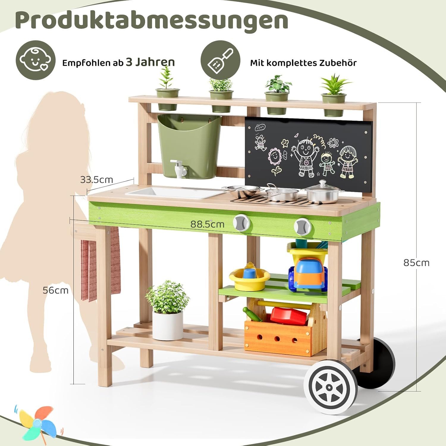 TLGREEN Outdoor-Spielküche Holz Matschküche Kinder Outdoor, 88,5x33,5x85 cm, mit Funktionierendem Wasserhahn/Rädern/Pflanzkästen/Tafel