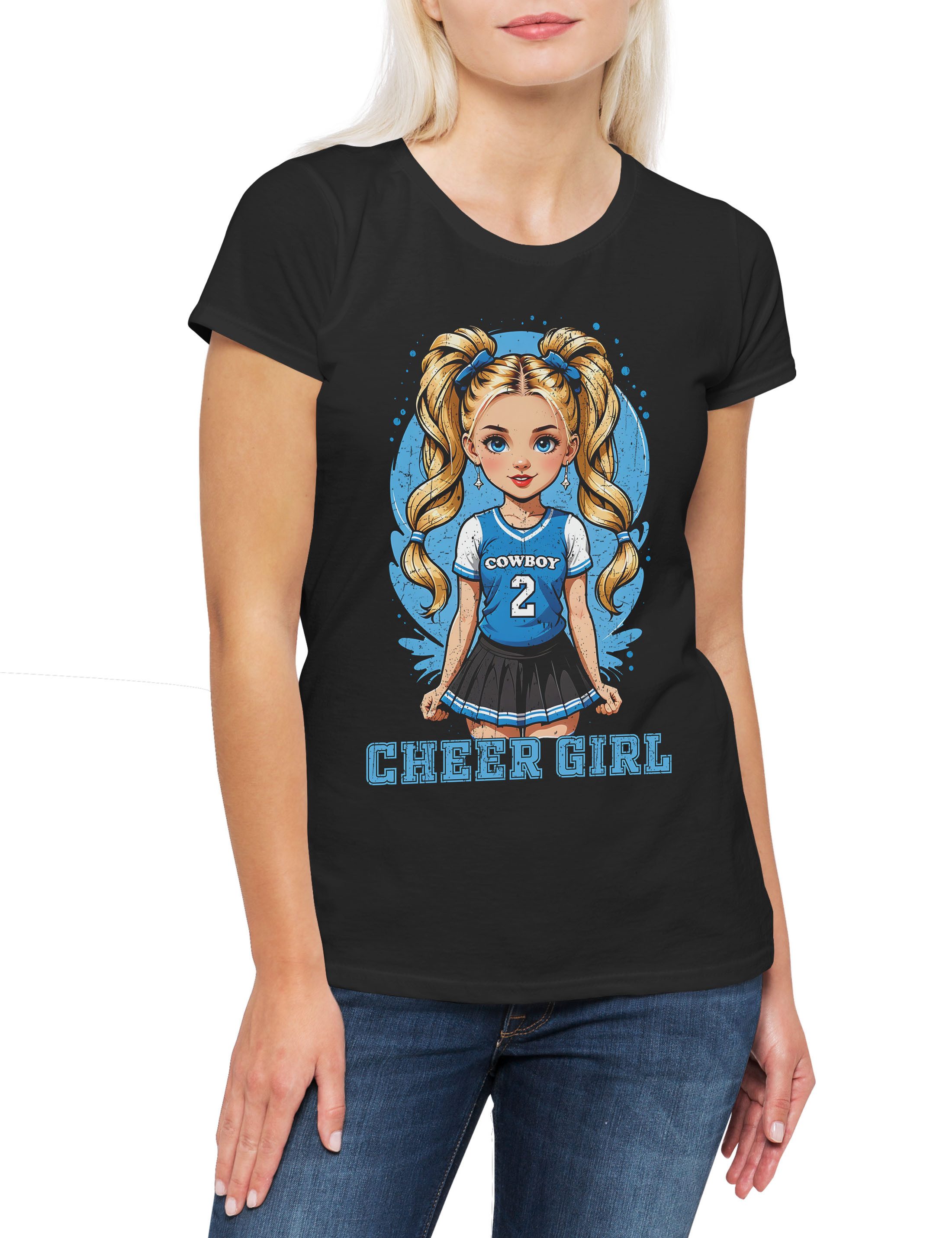 Urban Backwoods Print-Shirt Anime Comwboy Cheerleader Girl Damen T-Shirt American Football (1-tlg) Rockabilly Texas Blue Team
