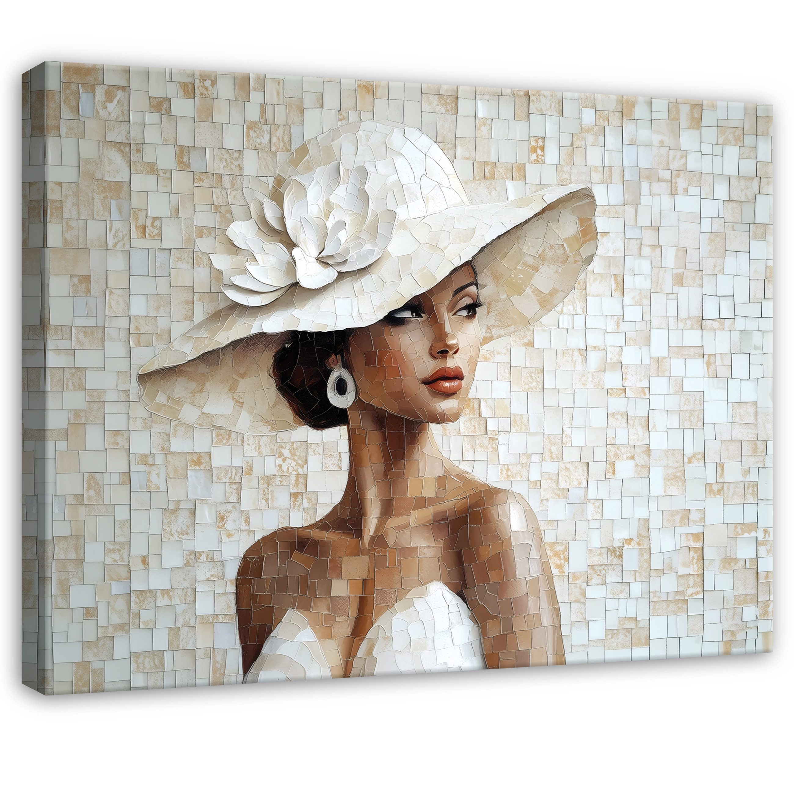 Wallarena Leinwandbild Frau Hut Weiß Elegant Modern Wandbilder Wand Deko XXL Зображення, Frau (groß Зображення Wohnzimmer Schlafzimmer Einteilig, 1 St), Зображення Klein Wohnzimmer Schlafzimmer Küche Wandbild Wand Deko 40x30