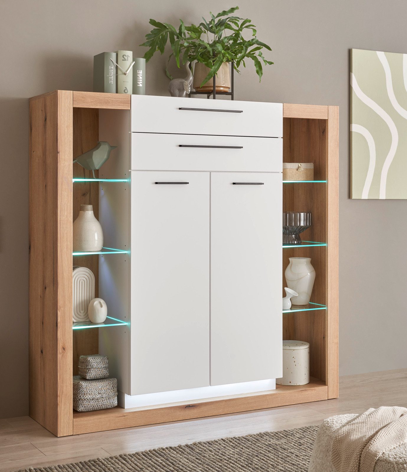 Furn.Design Highboard Rivian (Hochkommode in Eiche Dekor und weiß matt, 141 x 139 cm), 2 Schubladen und 11 Fächer