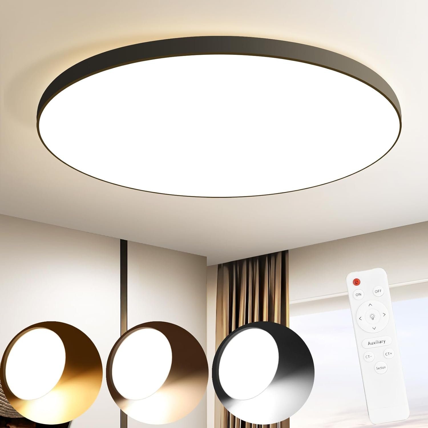 ZMH LED Deckenleuchte Dimmbar Deckenlampe Modern IP44 Wasserdicht Flach Rund Küchenlampe, LED fest integriert, 3000-6500k, Wasserdicht Küchenlampe Rund für Wohnzimmer, Schwarz