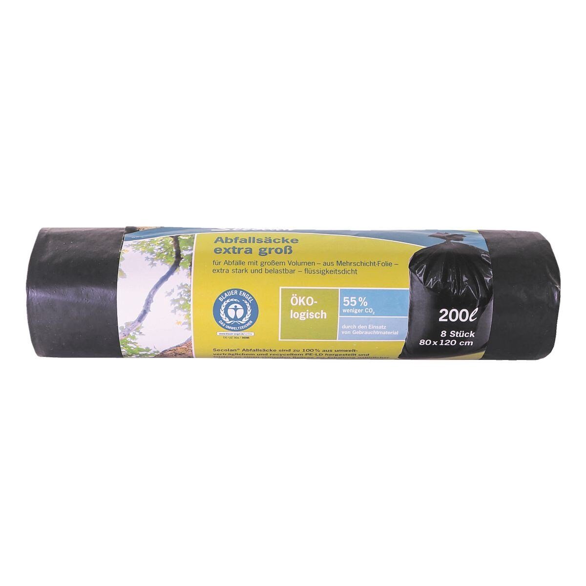 SECOLAN Müllbeutel, 8 Stück/Rolle, 200 Liter, schwarz, extra reißfest