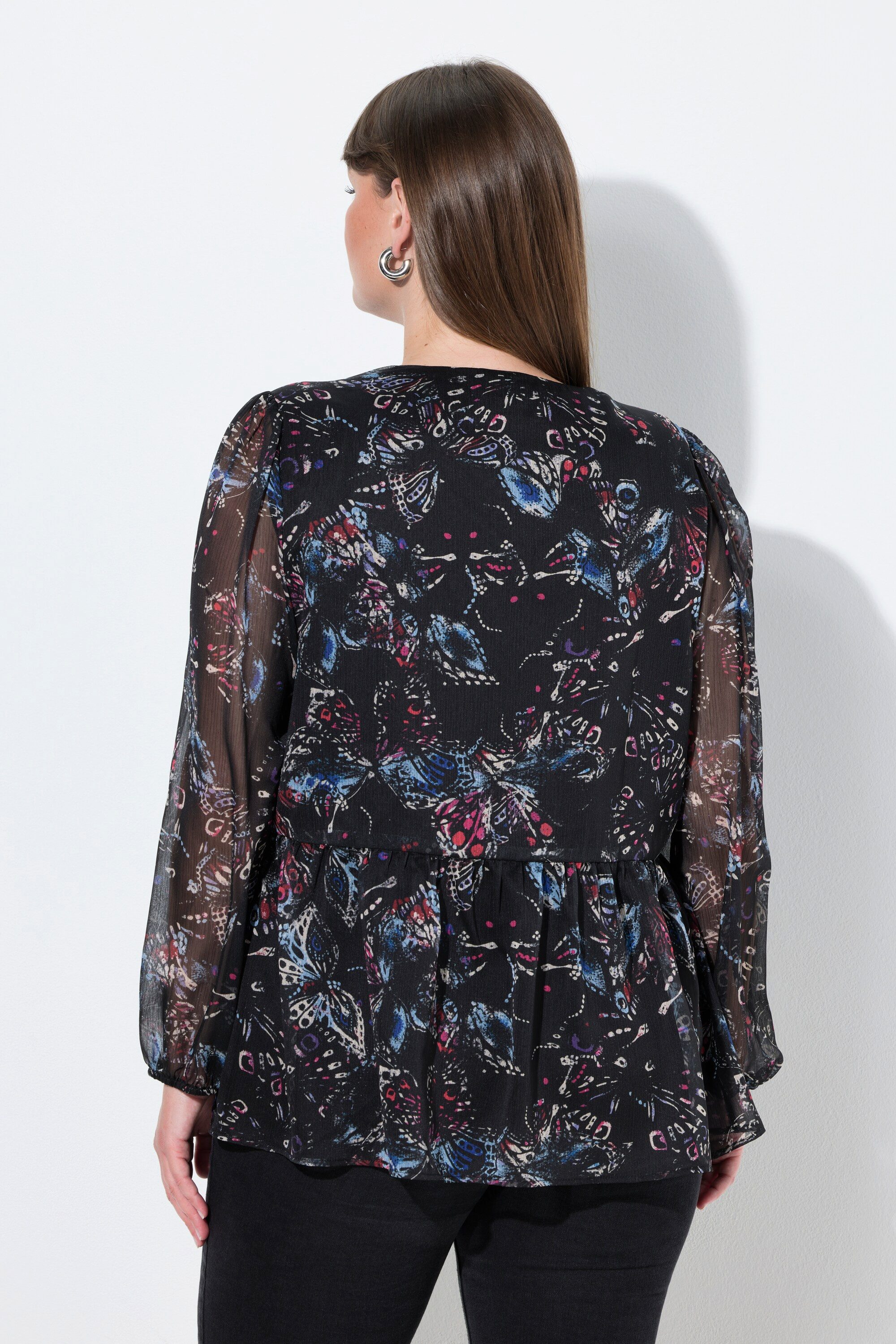 Ulla Popken Satinbluse Bluse Schmetterlinge A-Linie V-Ausschnitt Langarm