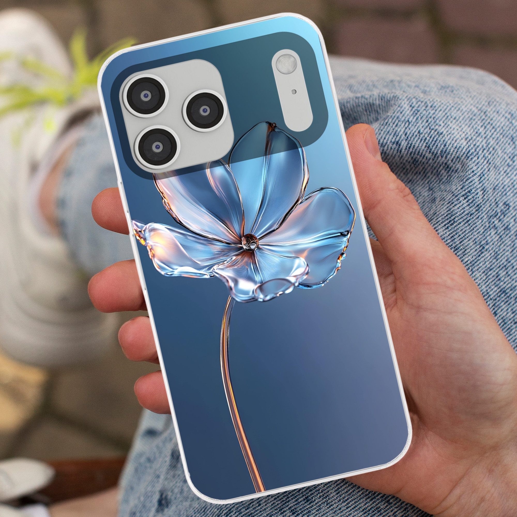 MuchoWow Handyhülle für Apple iPhone 17 Pro Max Blau - Blume - Gläser - Verziert, Smartphone-Bumper, Print, Handy Schutzhülle Dünn