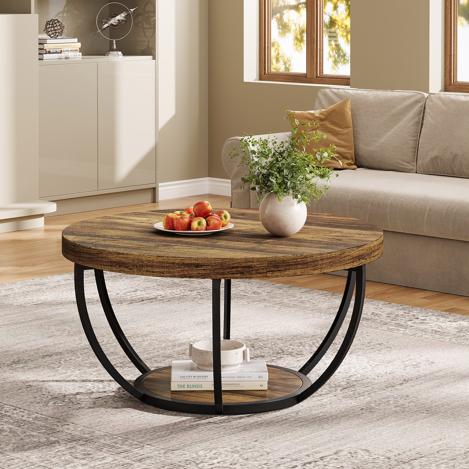 Tribesigns Couchtisch Runde Kaffeetisch Beistelltisch, Industrial 2-Tier-Kreis Couchtisch