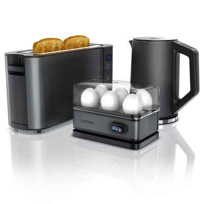 Arendo Frühstücks-Set (3-tlg), Wasserkocher 1,5l / Langschlitz Toaster / Eierkocher, Edelstahl, Grau