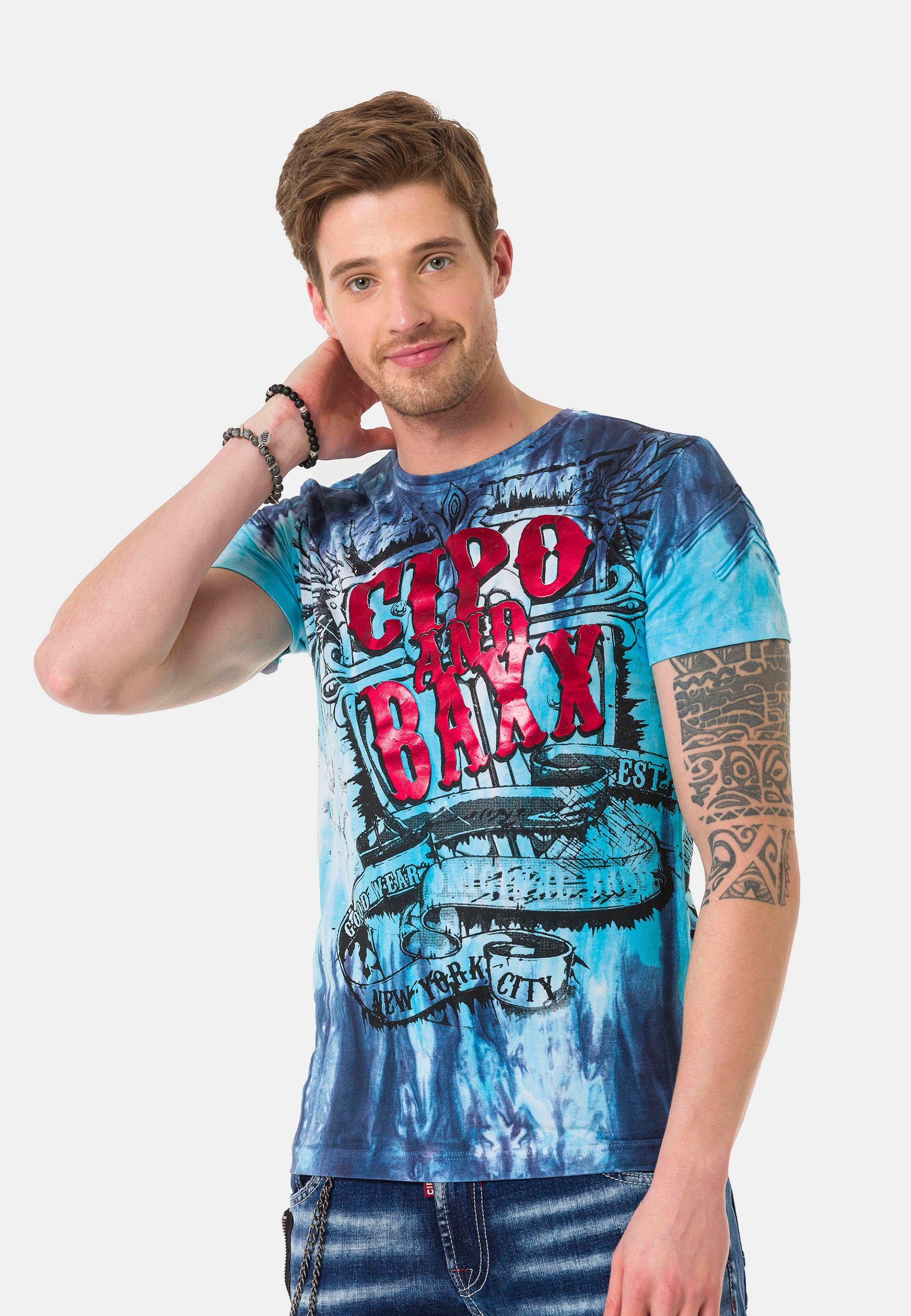 Schriftzugprints Cipo blau-pink großen Baxx mit & T-Shirt