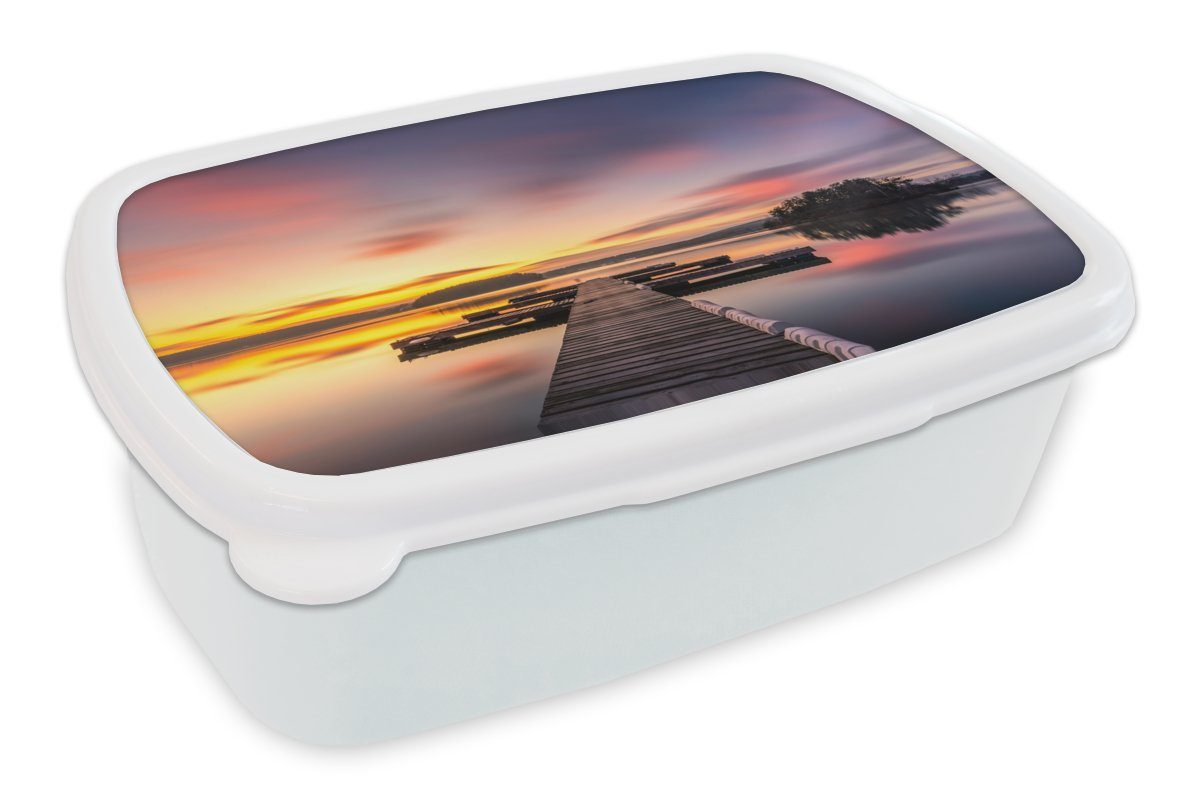 MuchoWow Lunchbox Steg - Sonnenuntergang - Wasser - Meer - Spiegelung, Kunststoff, (2-tlg), Brotbox für Kinder und Erwachsene, Brotdose, für Jungs und Mädchen weiß
