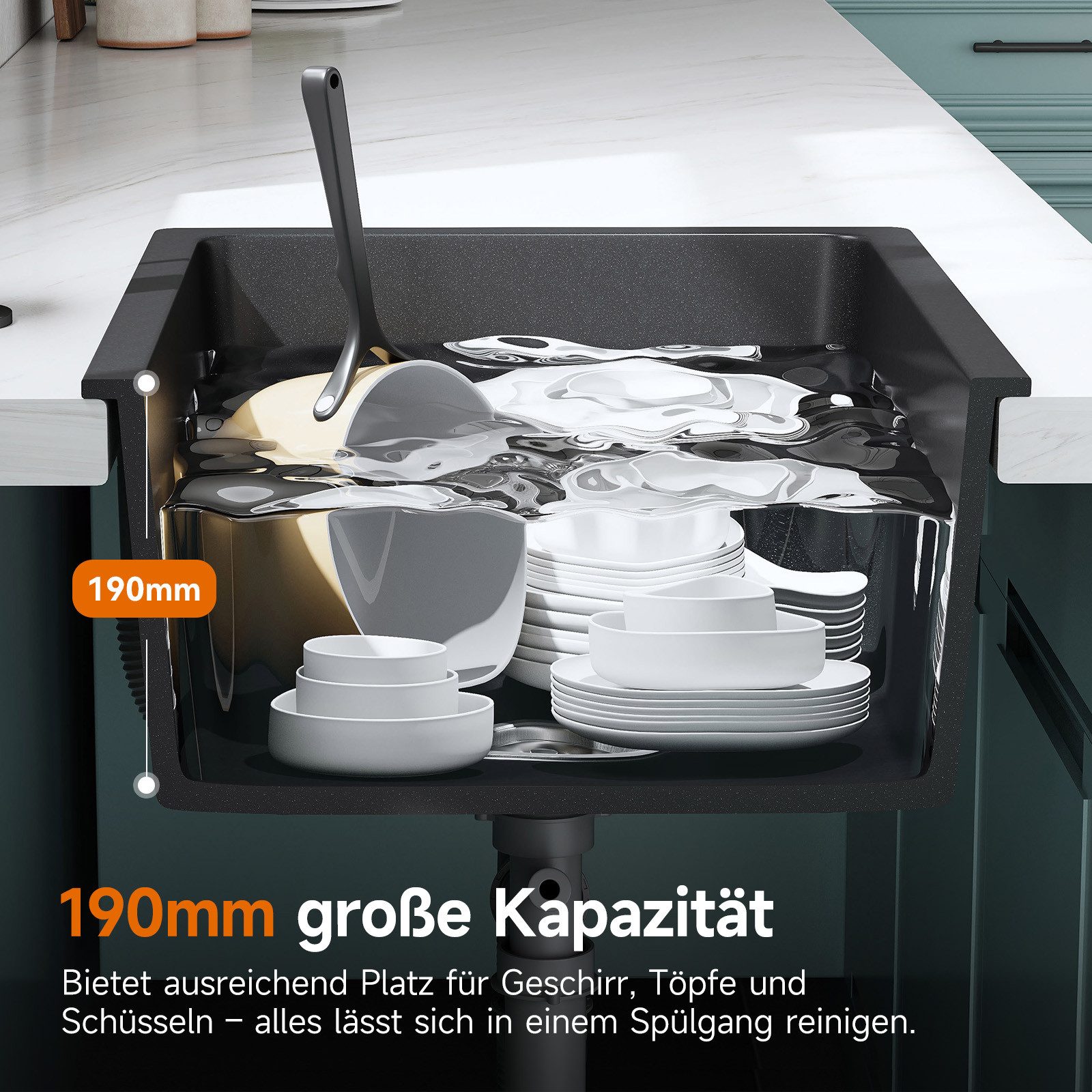 HOROW Granitspüle Küchenspüle aus Granit Einbauspüle Spülbecken 56x43cm, Eckig, 56/43 cm, aus Granit, Komplett-Set,einbau Spülbecken, (Granit Siphon), mit Sipho – Bild 4 von 5