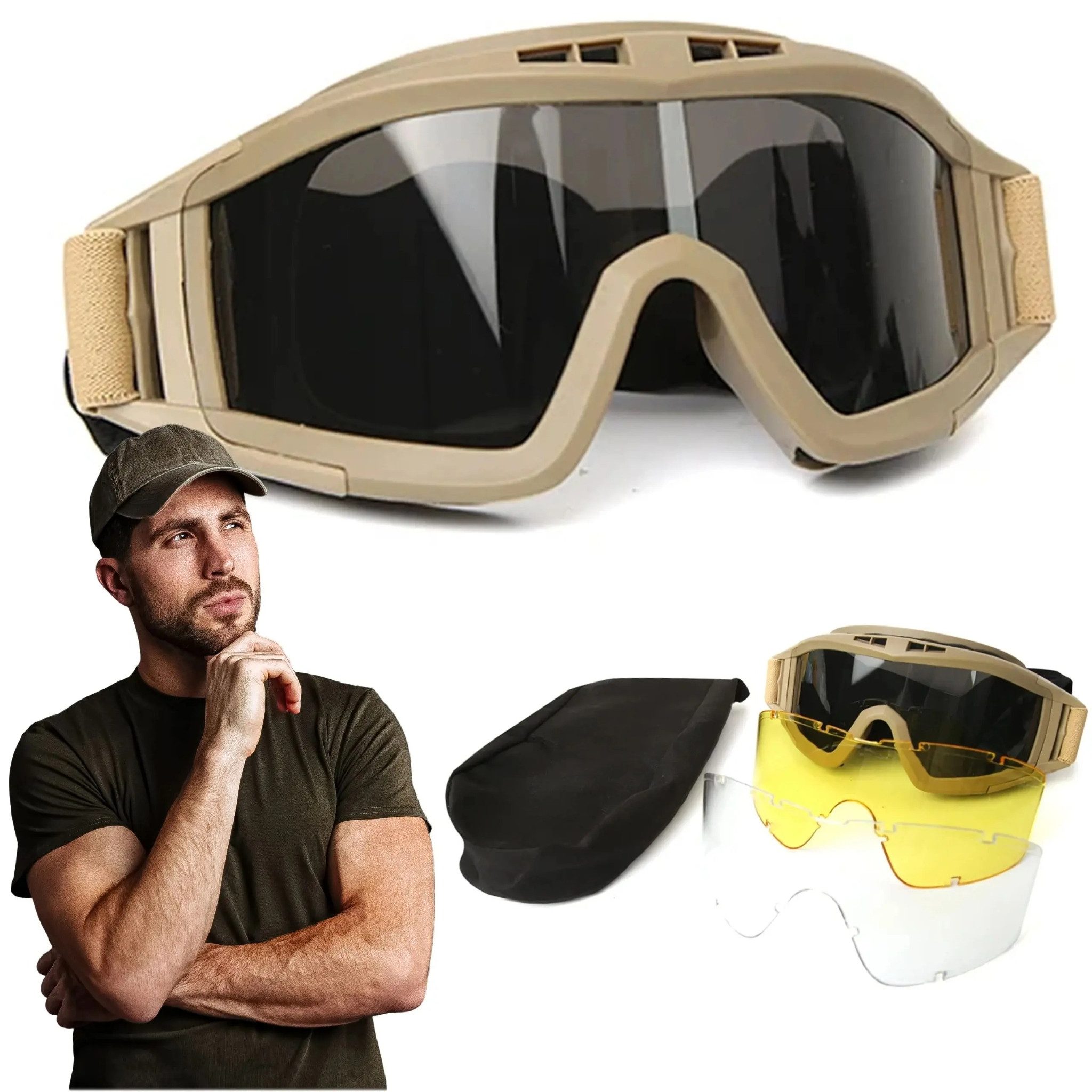 LA CUTE Sportbrille Extralink Tactical ASG Schutzbrille mit Wechselgläsern & UV-Schutz, (Taktische Schutzbrille mit Zubehör für vielseitigen Einsatz, Schutzbrille mit 3 Wechselgläsern & Tragetasche für Outdoor), Schutzbrille mit Anti-Beschlag-Beschichtung & Wechselgläsern