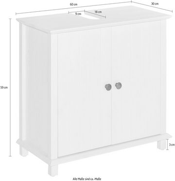 Home affaire Waschbeckenunterschrank Vili Breite 60 cm, Badezimmerschrank aus Massivholz, Metallgriffe