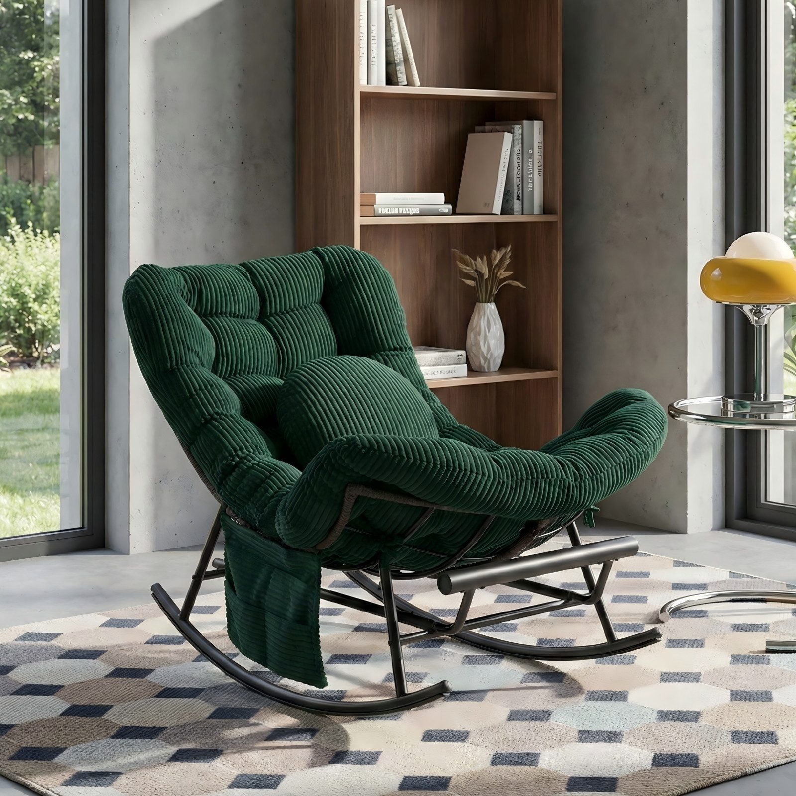 LVHOM Schaukelstuhl mit ausziehbarer Fußstütze, gepolstertem Kissen, Metallgestell (Armlehnenloses Monddesign, Seitentaschen,ein rundes Zierkissen, ergonomisches Design, Sitzmöbel/Liegeschaukel/Relaxsessel/Wohnaccessoire, 120kg Tragfähigkeit), Ideal für Wohnzimmer, Schlafzimmer, Spielzimmer, Arbeitszimmer, Garten