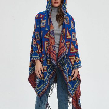 LAKKEC Strickponcho Damen Folk-StilPoncho Gestrickter chal Winterschal Umhang mit Kapuze 150x130+10cm