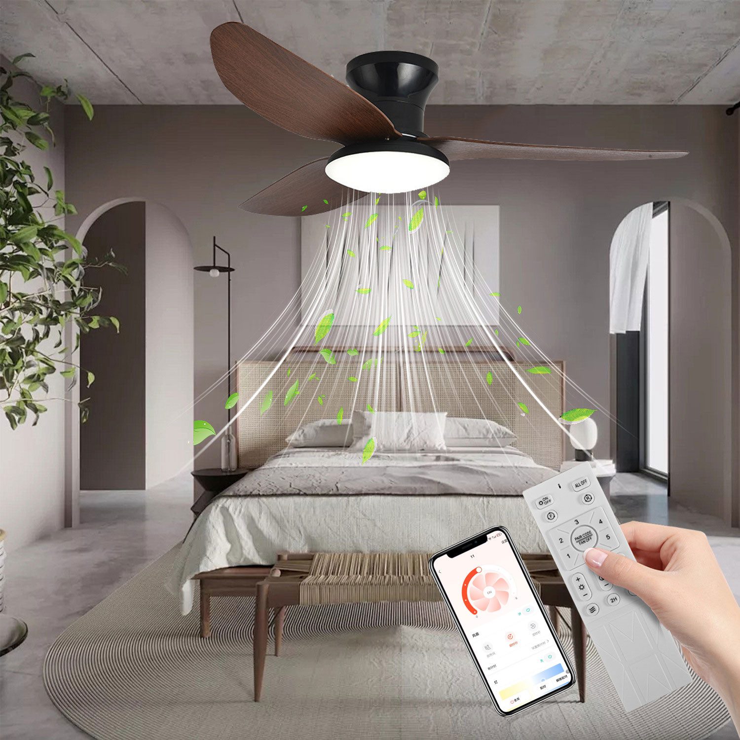 ibettertec Deckenventilator LED Deckenleuchte 48W,Leise Deckenventilator,Fernbedienung,6-stufiger, App-Steuerung,mit Fernbedienung,Leuchte/ Ventilator getrennt schaltbar