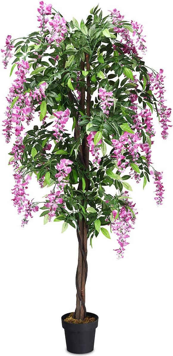 Kunstbaum, COSTWAY, Höhe 180 cm, mit Blüten und Töpf, Blättern & 2 Stämmen