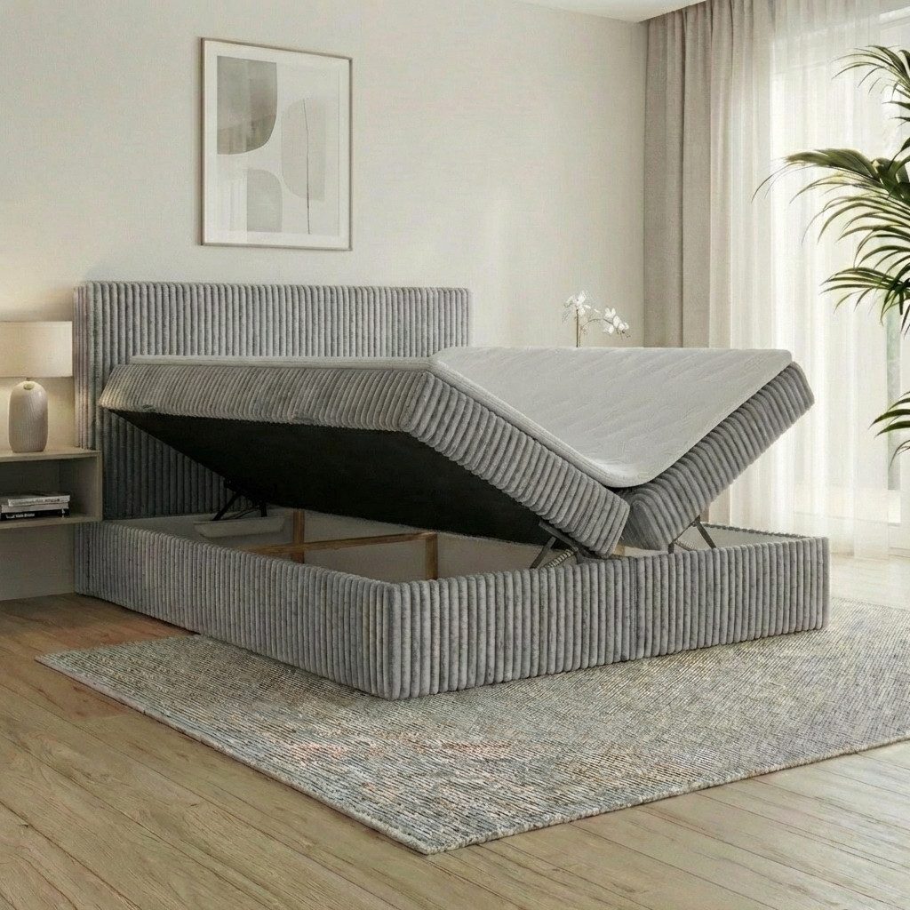 A&J MöbelLand GmbH Boxspringbett RALF mit Bettkasten, Topper und gepolstertem Kopfteil. (Boxspringbett mit Bettkasten und gepolstertem Kopfteil)