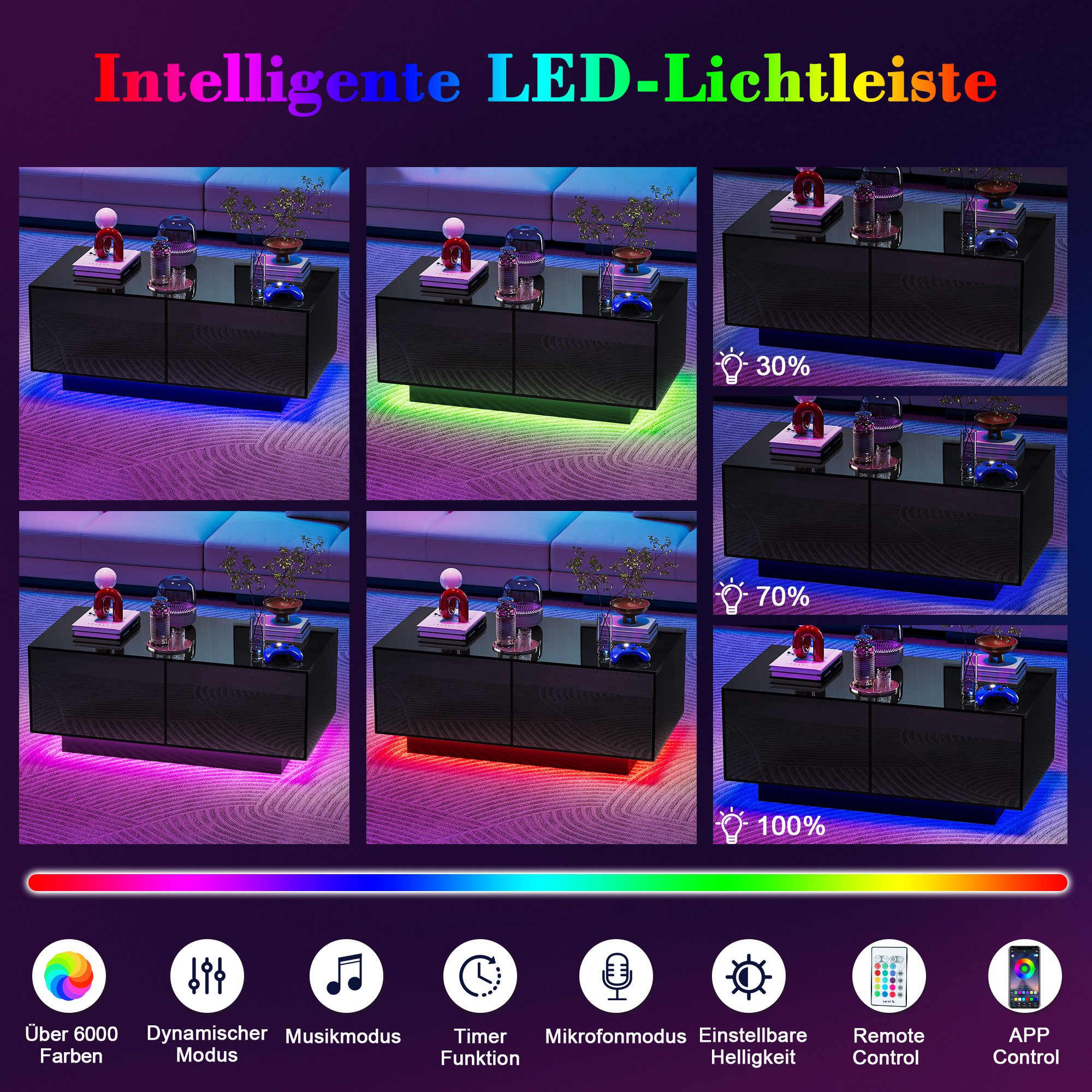 Hyaapwod Couchtisch Hochglanz-Couchtisch mit Schublade und offenem Fach (1-St), mit LED-Beleuchtung, Schwarz – Bild 5 von 5