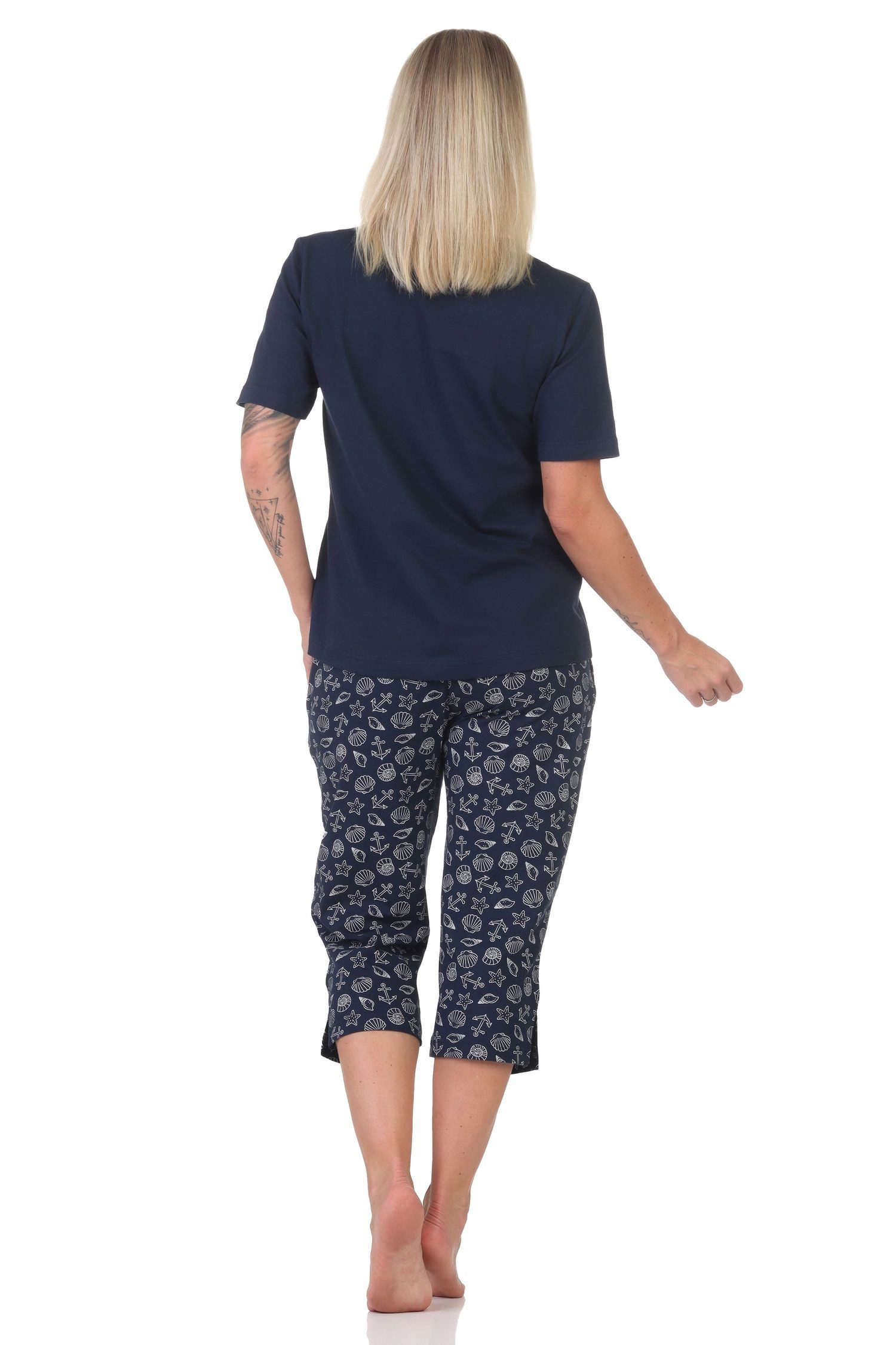 Normann Pyjama Damen kurzarm Capri Schlafanzug in maritimer Optik -auch in Übergröße