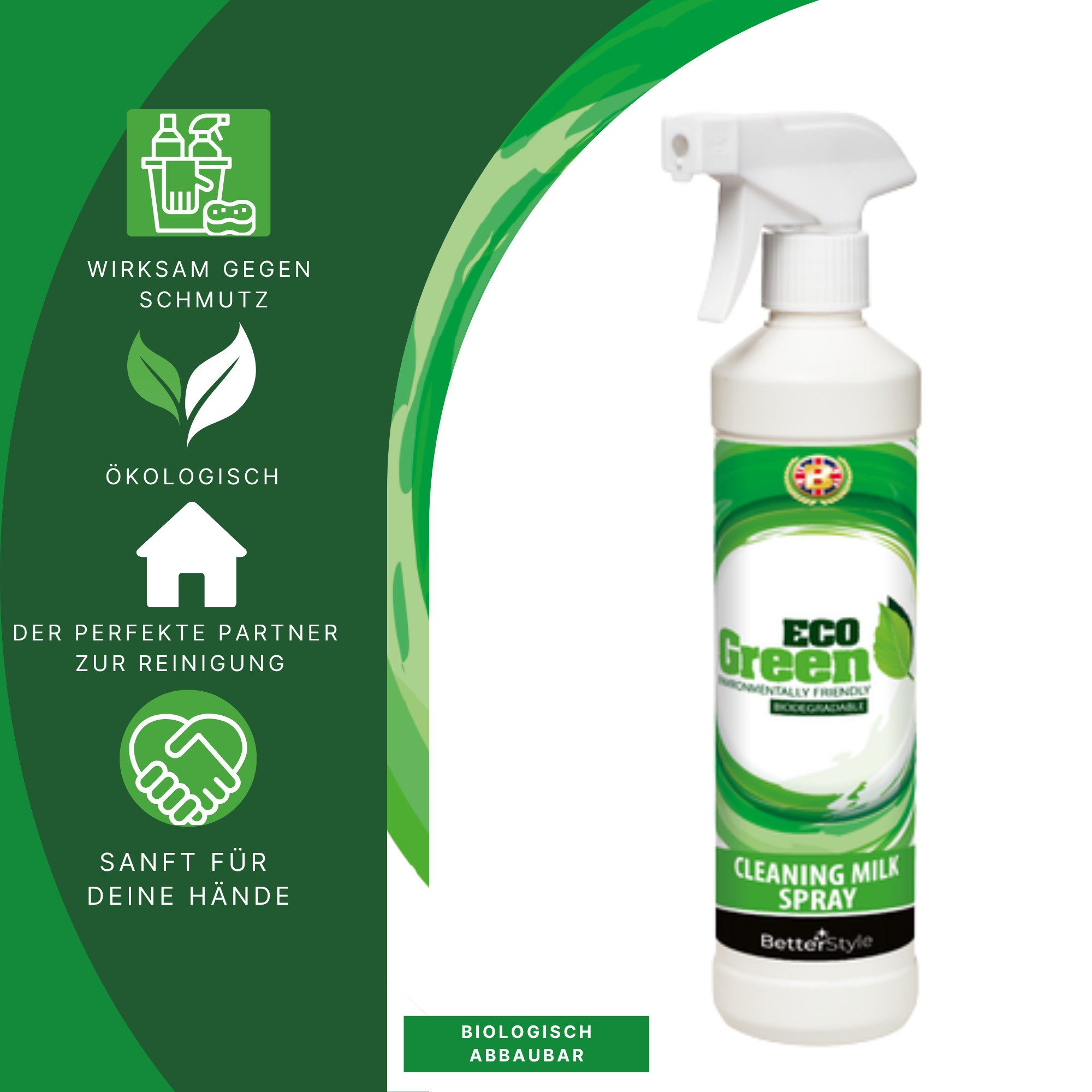 BetterStyle Cleaning Milk Spray 500ml Reinigungsmilch Kunststoff Metall Keramik Allzweckreiniger (Universalreiniger Fettlöser Entkalker Küche Bad Auto, [- Einzelflasche 500ml, 2er Set - 2x 500ml, 3er Set - 3x 500ml Biodegradierbar, Streifenfrei, Eco Green Formel)