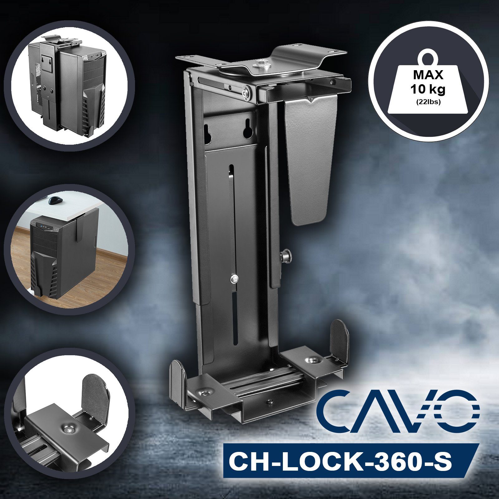 CAVO Halterung Desktop PC-Halterung CH-LOCK-360 drehbar um 360° verstellbar, (mit Diebstahlsicherung, für PC bis 88x516 mm 10 kg, schwarz) – Bild 2 von 5