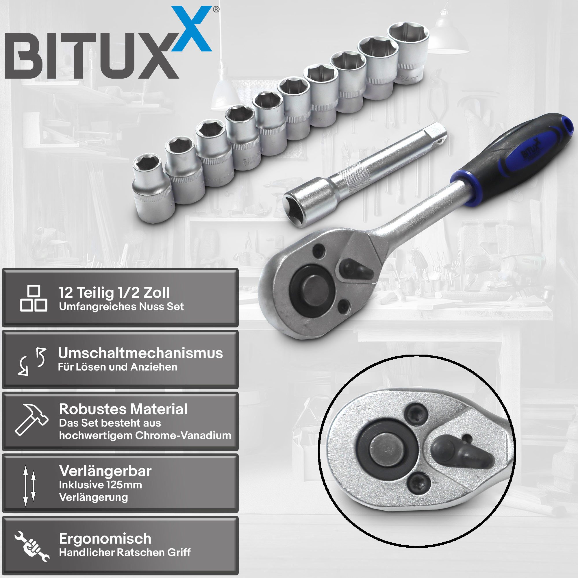 Bituxx Werkzeugset Bituxx Ratschen Set 1/2 Zoll 12 tlg., (12-tlg., MS-19499), ergonomischer Griff