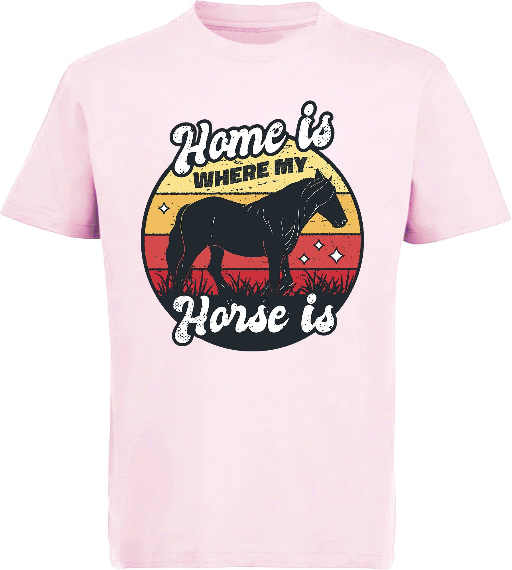 MyDesign24 Print-Shirt bedrucktes Mädchen T-Shirt - Home is where my horse is Baumwollshirt mit Aufdruck, i156 rosa