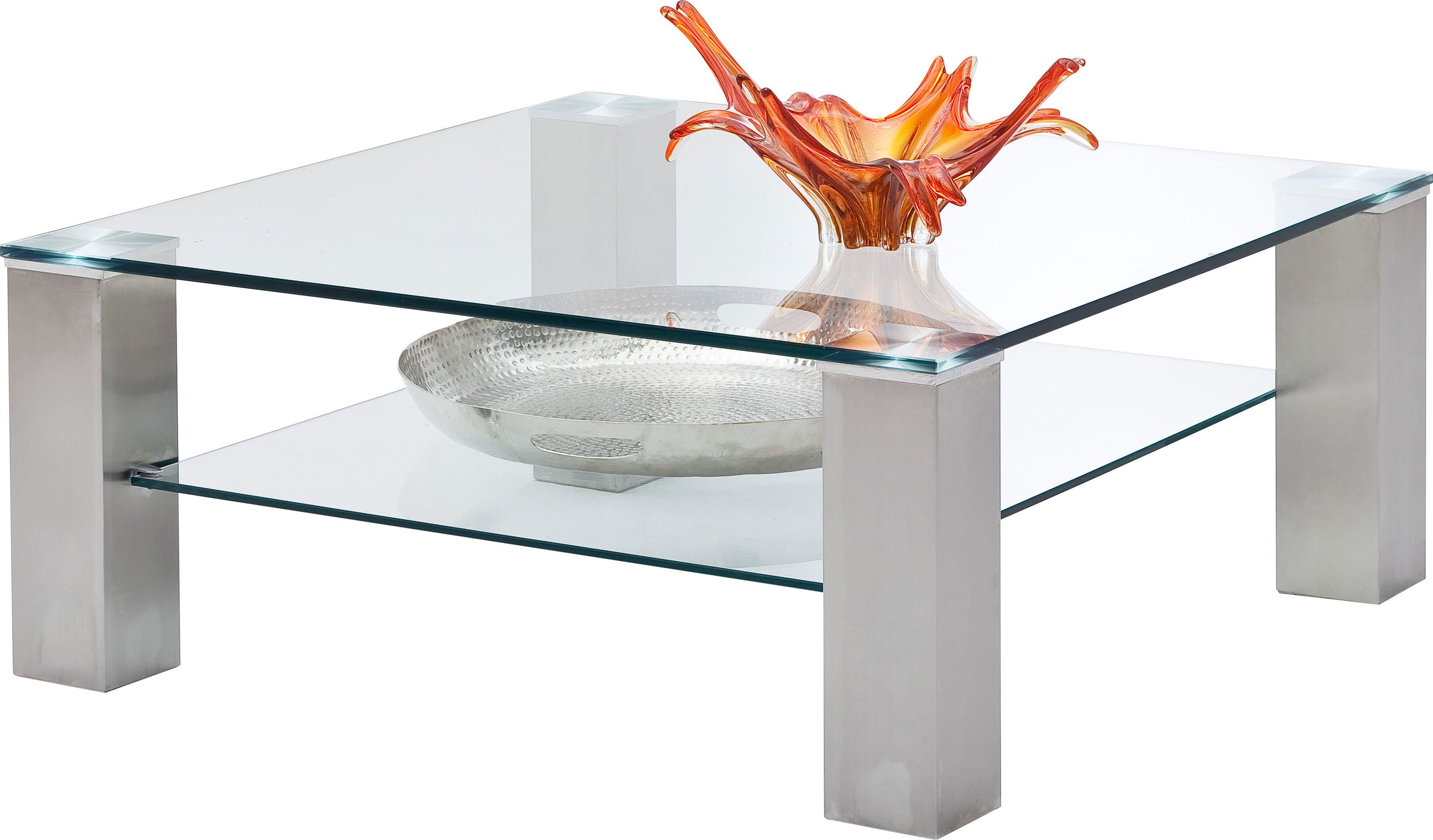 MCA furniture Couchtisch Asta, Glastisch mit Sicherheitsglas, belastbar bis  20 kg, 4 Stollen aus Metall in Edelstahloptik gebürstet