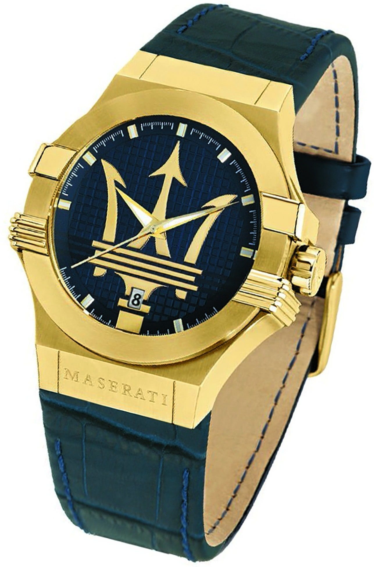 MASERATI Quarzuhr Maserati Leder Armband-Uhr Analog, Herrenuhr Lederarmband, rundes Gehäuse, groß (ca. 40mm) blau