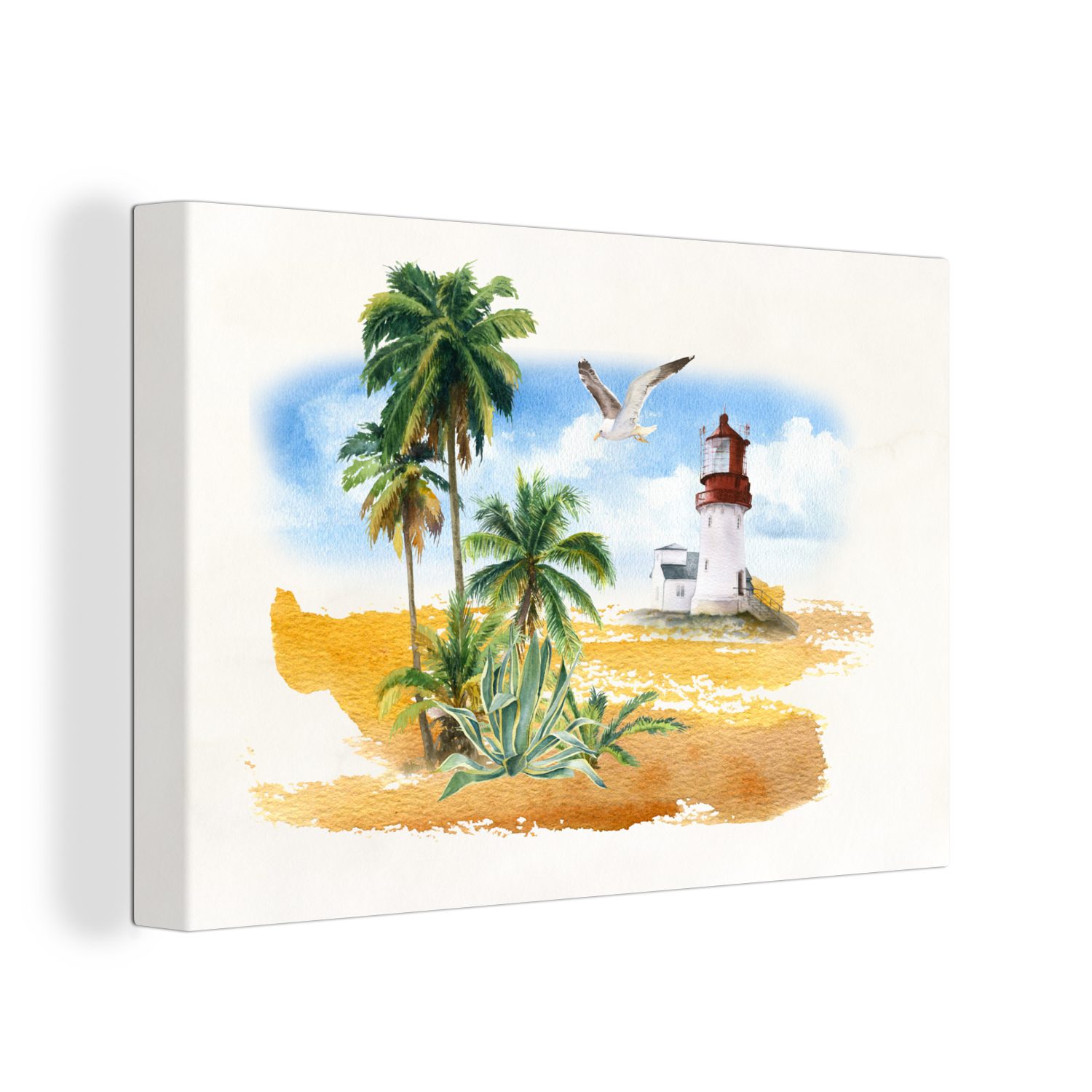 OneMillionCanvasses® Leinwandbild Leuchtturm - Palme - Strand, (1 St), Wandbild Leinwandbilder, Aufhängefertig, Wanddeko, 30x20 cm