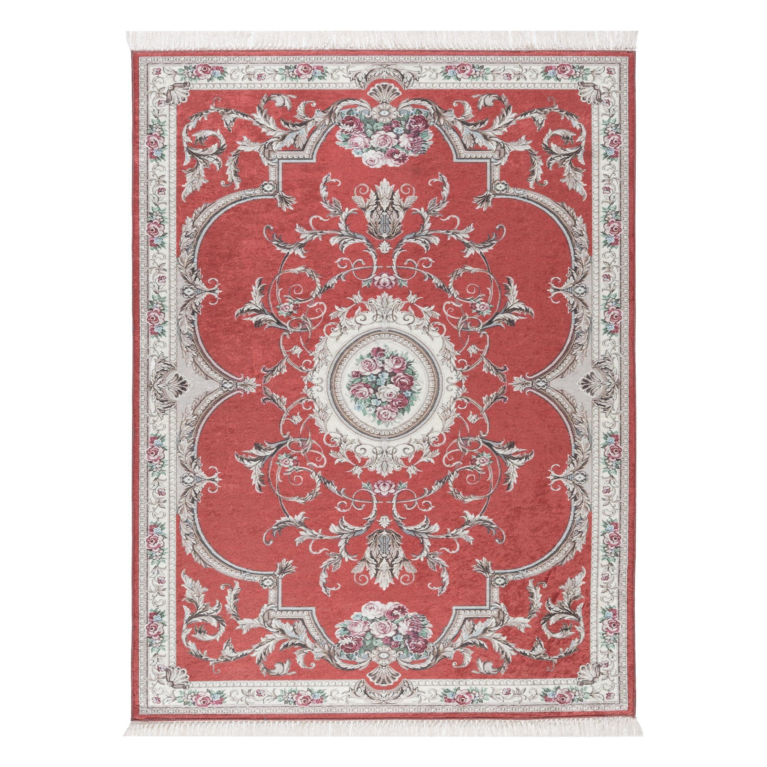 Teppich Teppich classic Design, rot floral, Sehrazat, Rechteckig, Höhe: 3 mm, mit Medaillon, mit Fransen, floral, klassisch, mit Bordüre, glänzende Oberfläche, sehr schön