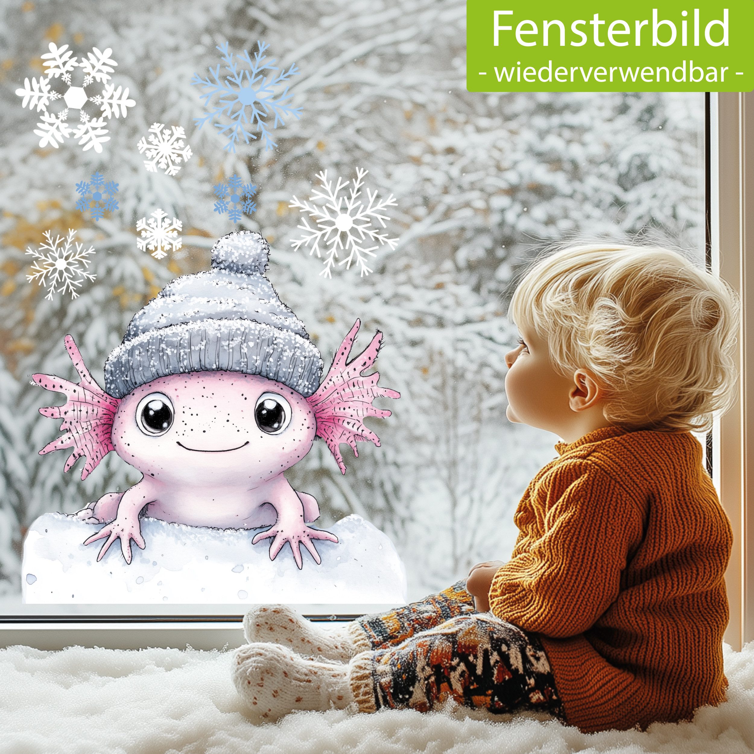 Sunnywall Fensterdekoration Kinderzimmer Fensterbild Winter Axolotl mit Müt günstig online kaufen