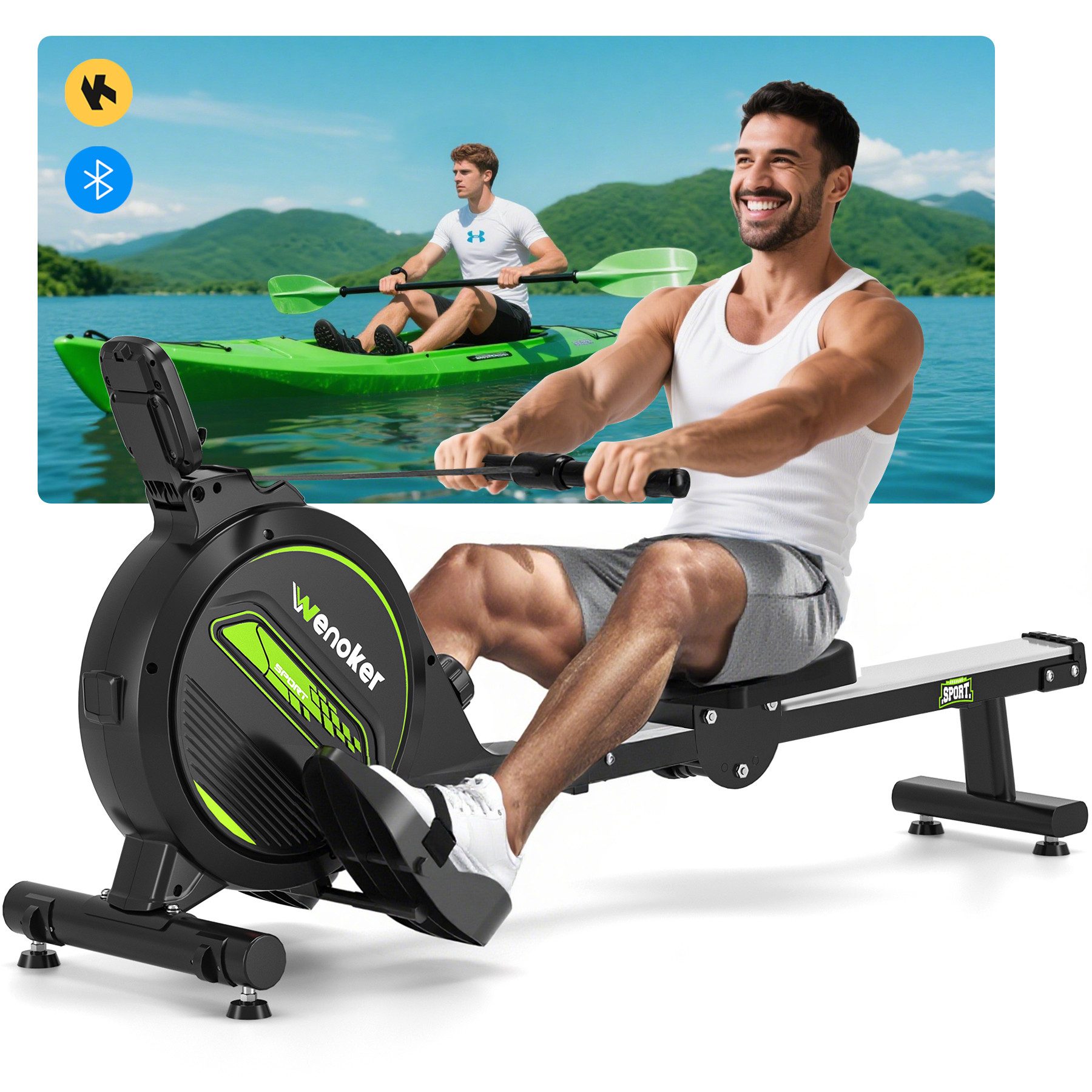 Wenoker Rudergerät Leises Magnetisches Rudergerät für Zuhause,16 Stufen Widerstand (1-tlg., Indoor-Gerät mit APP & LCD-Display), für das Home-Gym, Cardio-Trainingsgerät, 160 kg Kapazität