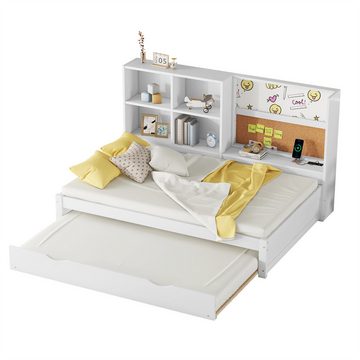 XDeer Jugendbett 90*200cm Schlafsofa mit ausziehbarem Bett, usb-Ladeanschluss, Zeichenbrett, mehrere Staufächer, Weiß