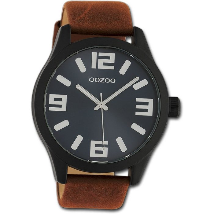 OOZOO Quarzuhr Oozoo Armbanduhr Timepieces (Analoguhr) Damen Herrenuhr mit Lederarmband rundes Gehäuse extra groß (ca. 47mm) Casual-Style