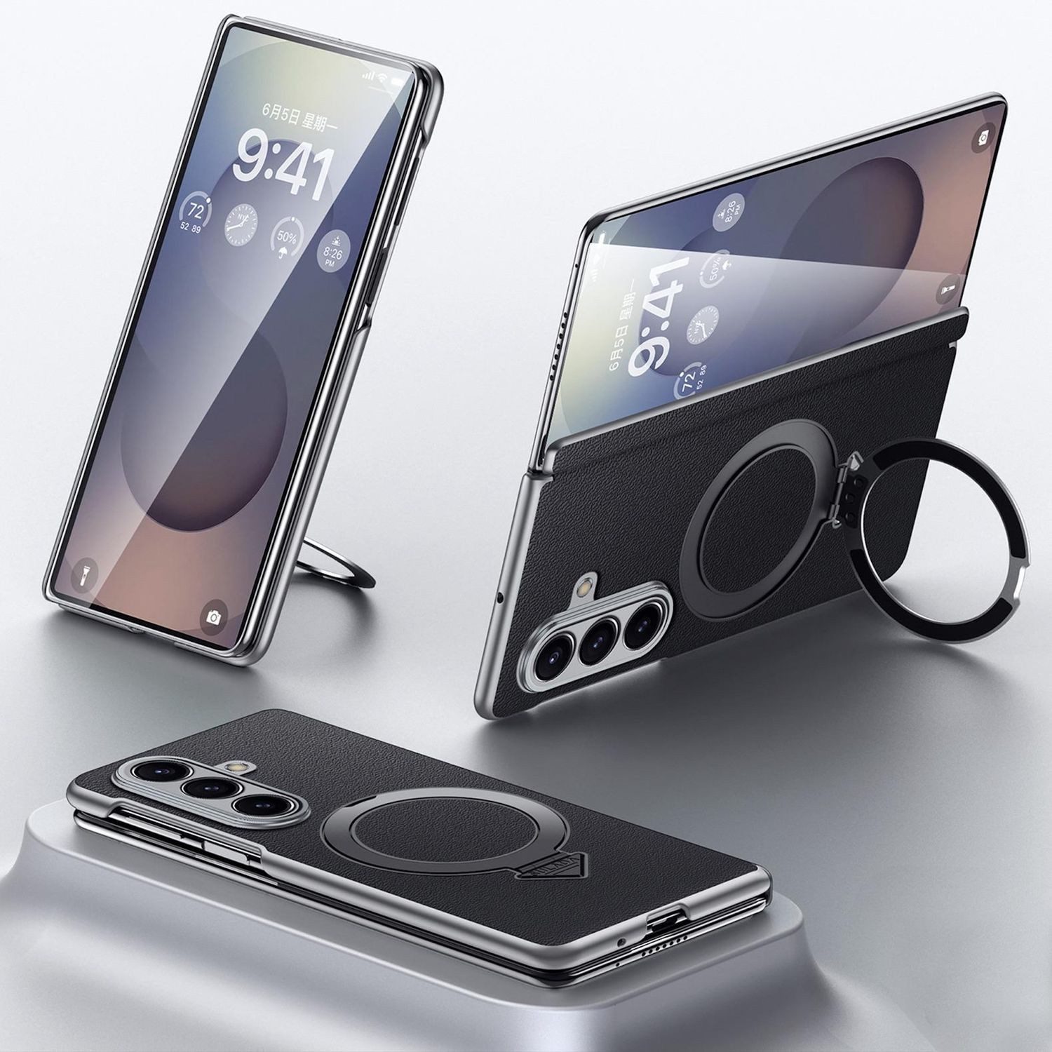 Wigento Handyhülle Für Samsung Galaxy Z Fold7 5G Leder MagSafe Ring Halter Hülle Schwarz, Hochwertiges Leder, MagSafe-kompatibel, Halter integriert