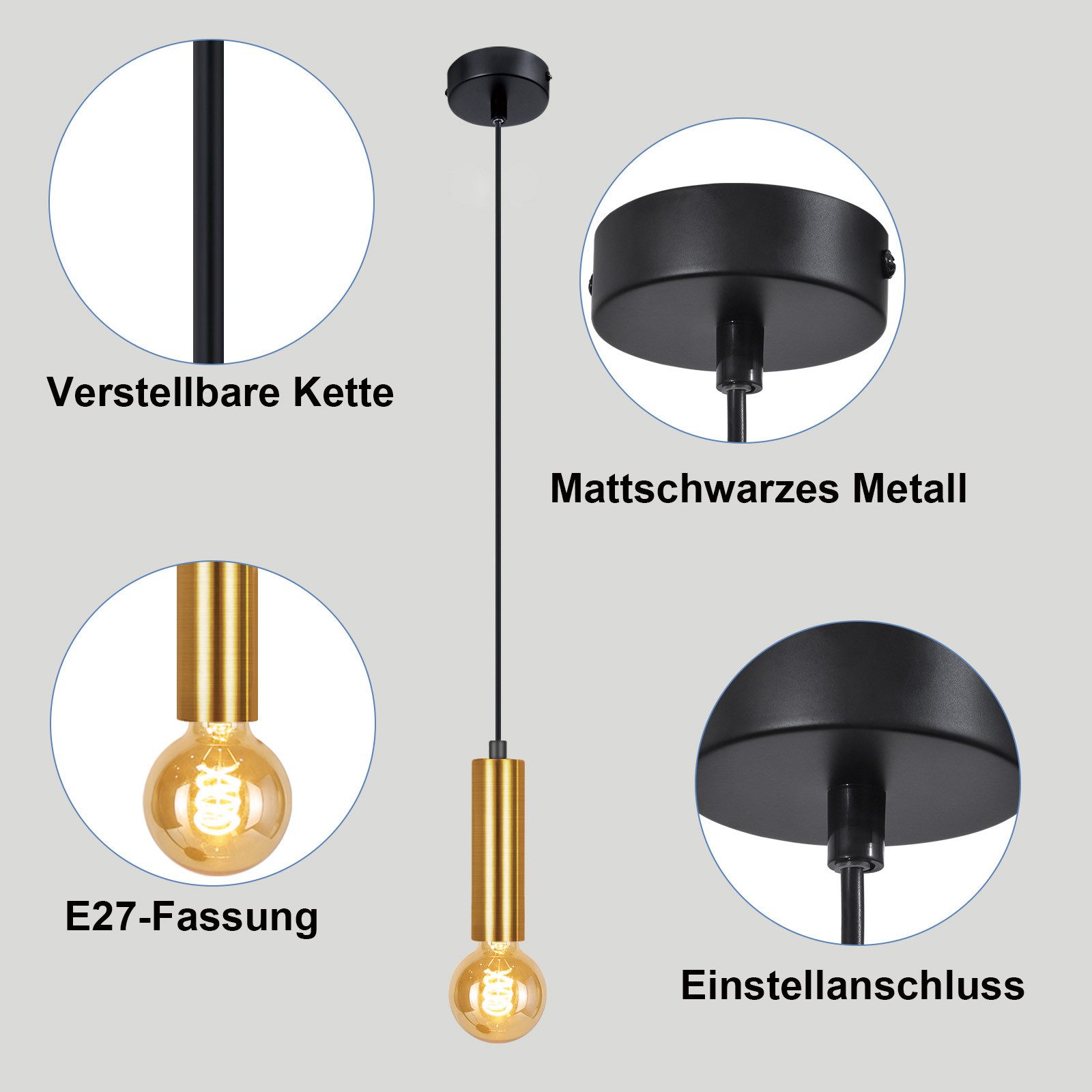 ZMH Pendelleuchte Esszimmer 1 Flammig E27 Gold Hängeleuchte Metall für Schlafzimmer, ohne Leuchtmittel, Küchenlampe Hängend Industrial Flur – Bild 4 von 5