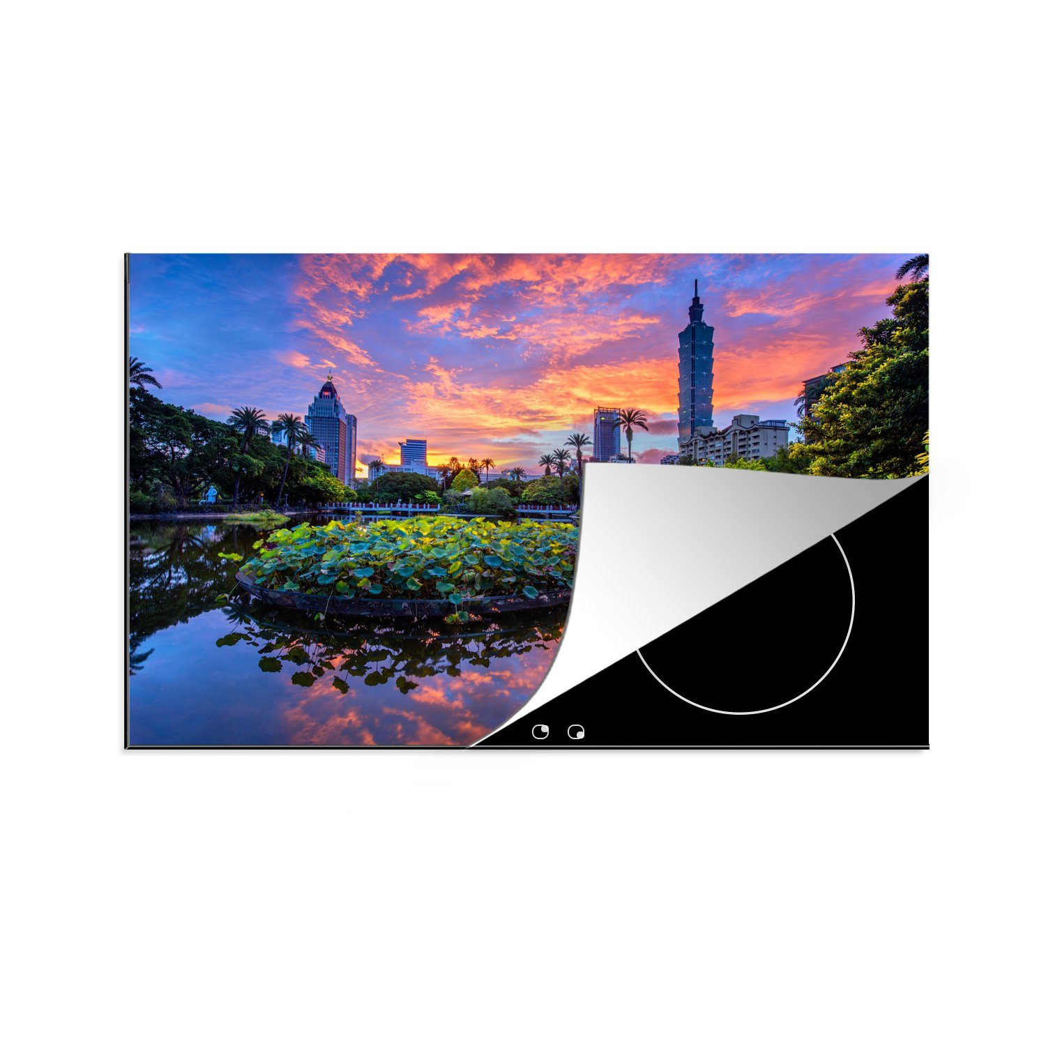 MuchoWow Herdblende-/Abdeckplatte Der farbenprächtige Sonnenaufgang am Taipei 101 in Taiwan, Vinyl, (1 tlg), 81x52 cm, Induktionskochfeld Schutz für die küche, Ceranfeldabdeckung