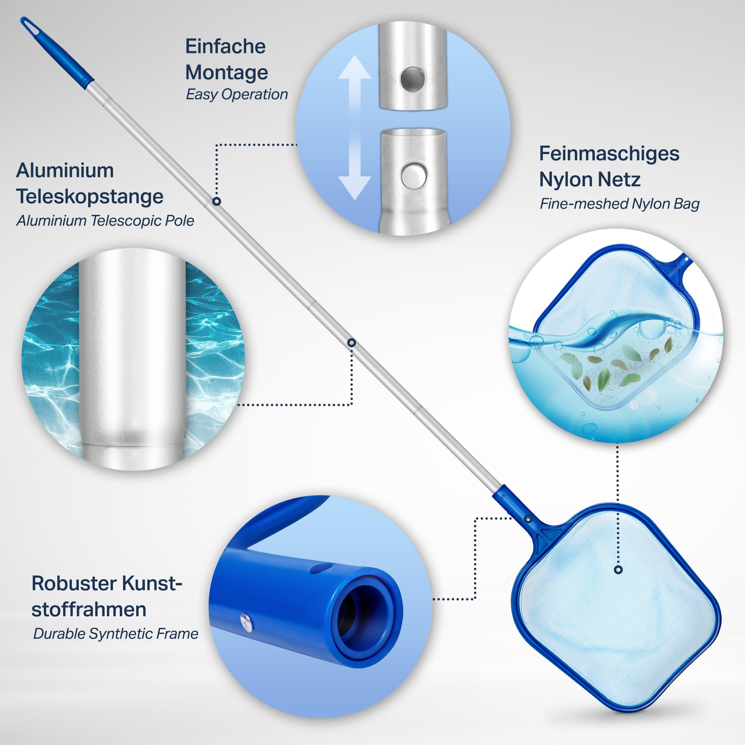 tillvex Kescher Pool Set Reinigungsset mit Teleskopstange 122 cm Poolkescher Reinigung