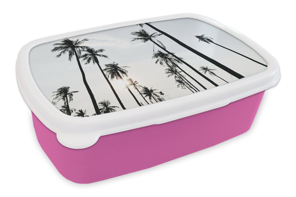 Tropisch, Sommer MuchoWow Lunchbox Kinder, rosa Kunststoff (2-tlg), Snackbox, Kunststoff, - Palmen Mädchen, für Brotbox Brotdose - Erwachsene,