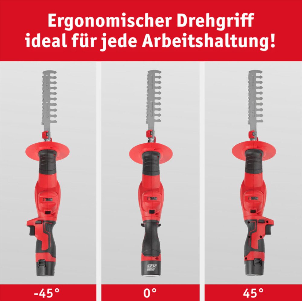 WALTER Akku-Heckenschere 12V Akku Heckenschere Astsäge 2in1 inkl. 2 Akkus (2Ah) und Ladegerät, 2-in-1-Funktion: Als Heckenschere und Säbelsäge nutzbar